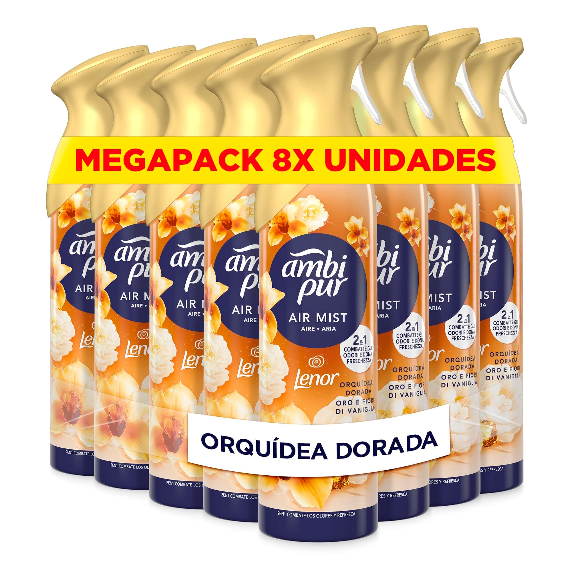 Ambipur Orquídea Dorada Ambientador En Spray 185ml x 8, Con Una Fragancia El Doble De Duradera Que Elimina Olores Y Deja Un Aroma Fresco Y Ligero
