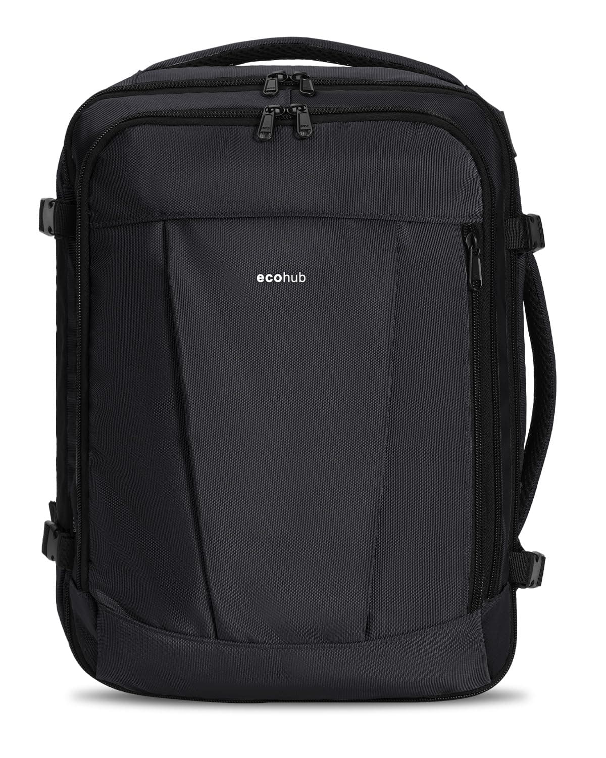 ECOHUB Mochila de Viaje Cabina Avion 40x30x20 Ryanair con 13 Compartimentos para Mujer y Hombre, Maleta Debajo del Asiento, Equipaje de Mano 24L, Recicladas, Patentado, Negro