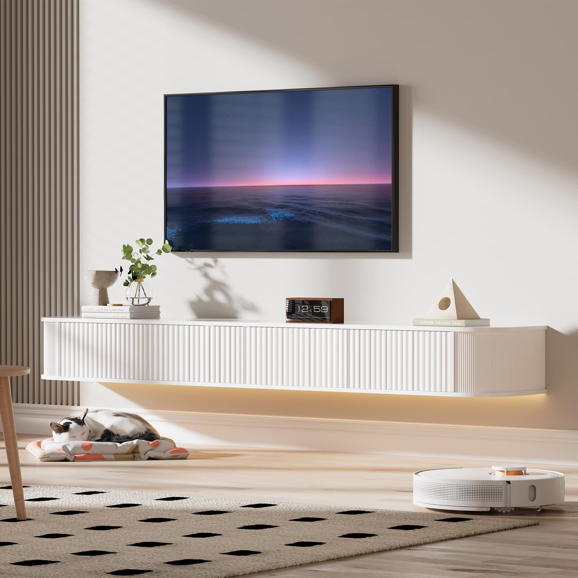 PURFINO Mueble de TV Flotante con Luz LED - Mueble de TV Montado en Pared de 160CM con Almacenamiento Mejorado y Bordes Redondeados, Consola Multimedia de TV Moderna para Televisores 55-65 Pulgadas