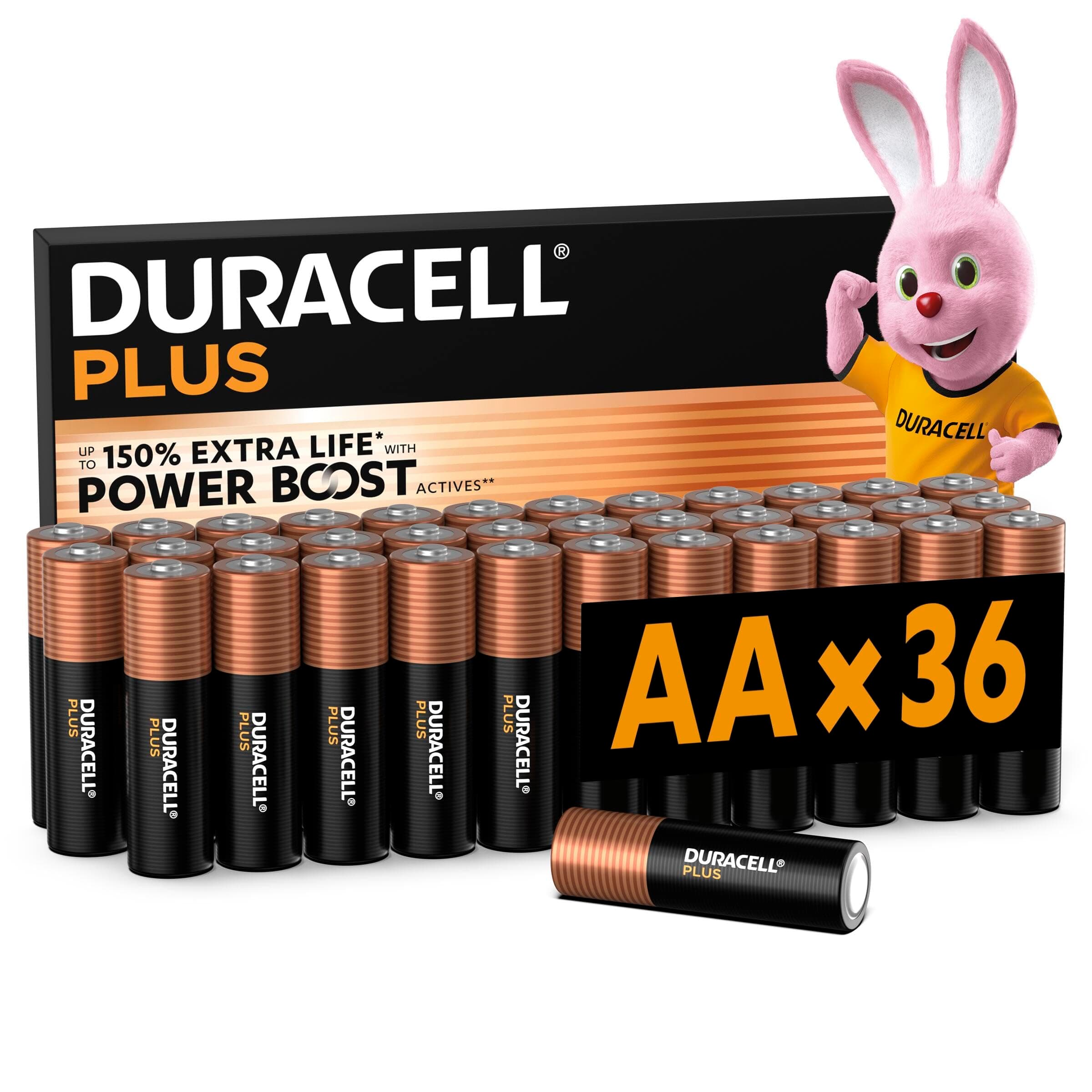 DURACELL Batterie Plus AA (Confezione da 36) – Batterie Alcaline da 1,5 V – Fino al 150% di durata extra con Attivi POWER BOOST– Affidabilità per i dispositivi di utilizzo quotidiano –MN1500