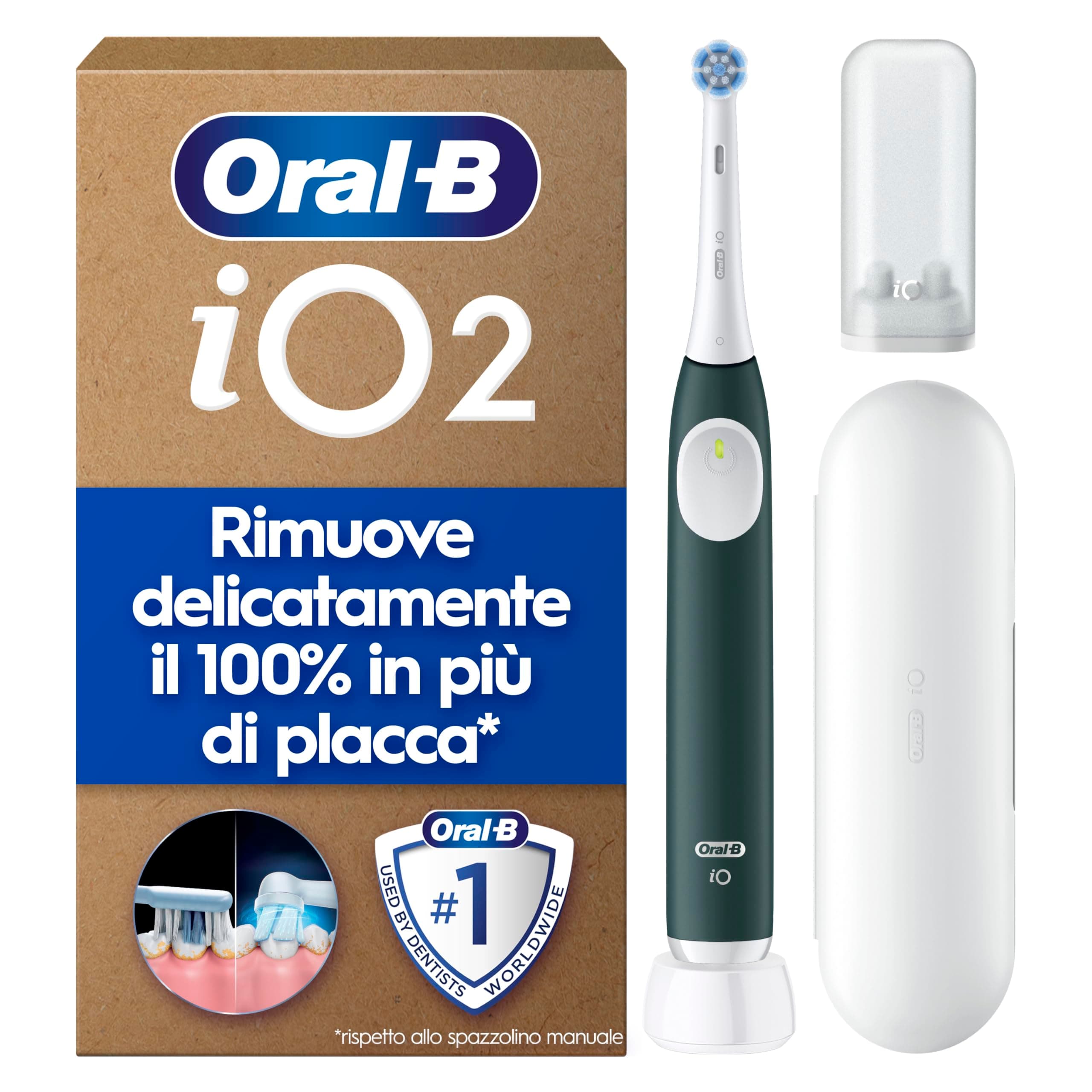 Oral-B Spazzolino Elettrico iO 2 Verde, 1 Testine Di Ricambio, Spazzolino Elettrico Ricaricabile, Pulizia Denti Efficace, Copri Testine, Sensore Di Pressione, Delicato Sulle Gengive, Custodia