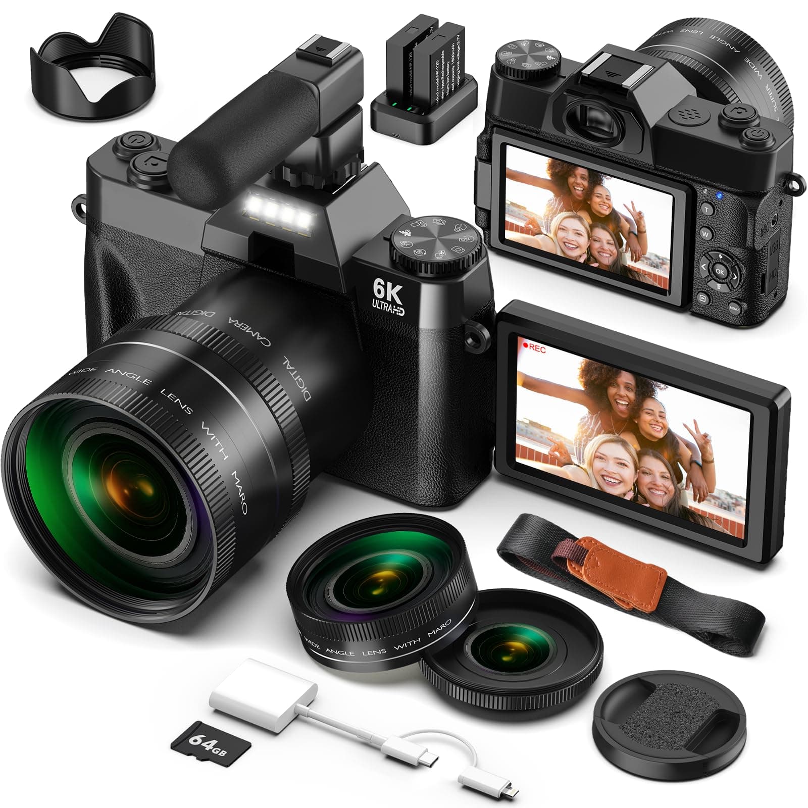 Camara Digital 6K 64MP para Vlogging con WiFi, Tarjeta TF de 64 GB, Micrófono, Enfoque Automático, Zoom 16X. Camara de Fotos Digital Compacta para YouTube, Principiantes, Objetivo Macro y Gran Angular