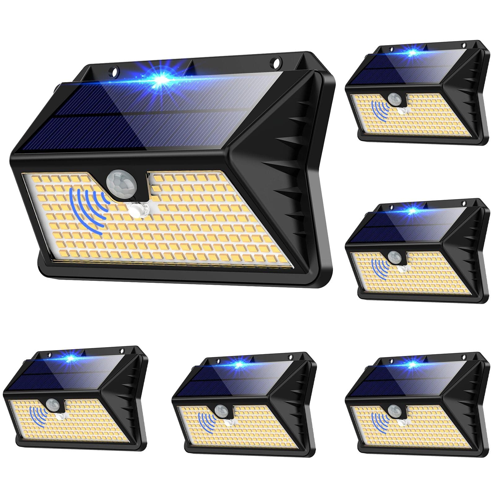 OUILA Luces solares para pared exterior, paquete de 6, 185 LED, 3 modos, luz solar para exteriores con sensor de movimiento, IP65 impermeable, lámpara solar LED de pared, jardín, patio, iluminación de