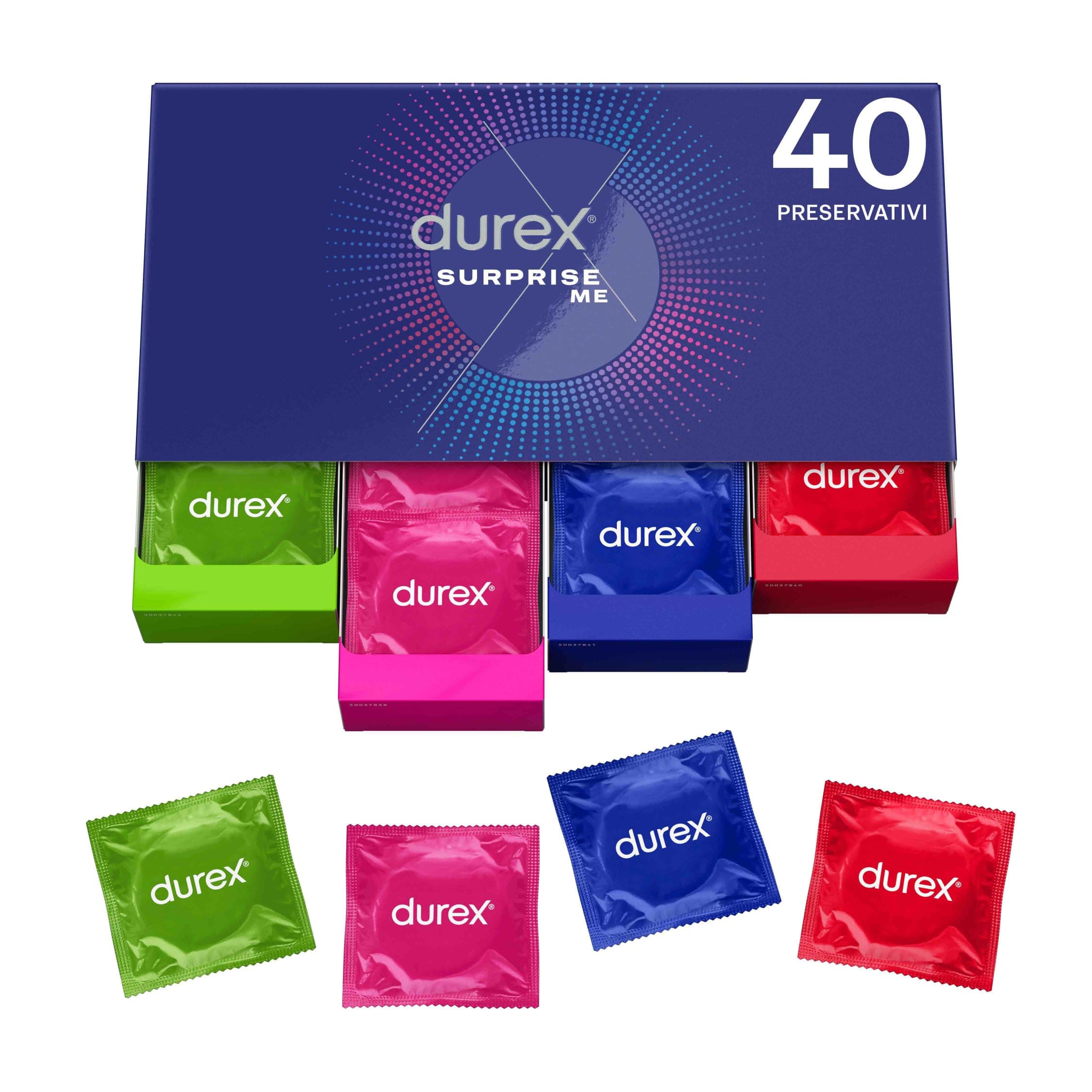 Durex Surprise Me Kit di Preservativi Assortiti, Sottili con Rilievi e Nervature, 40 Profilattici