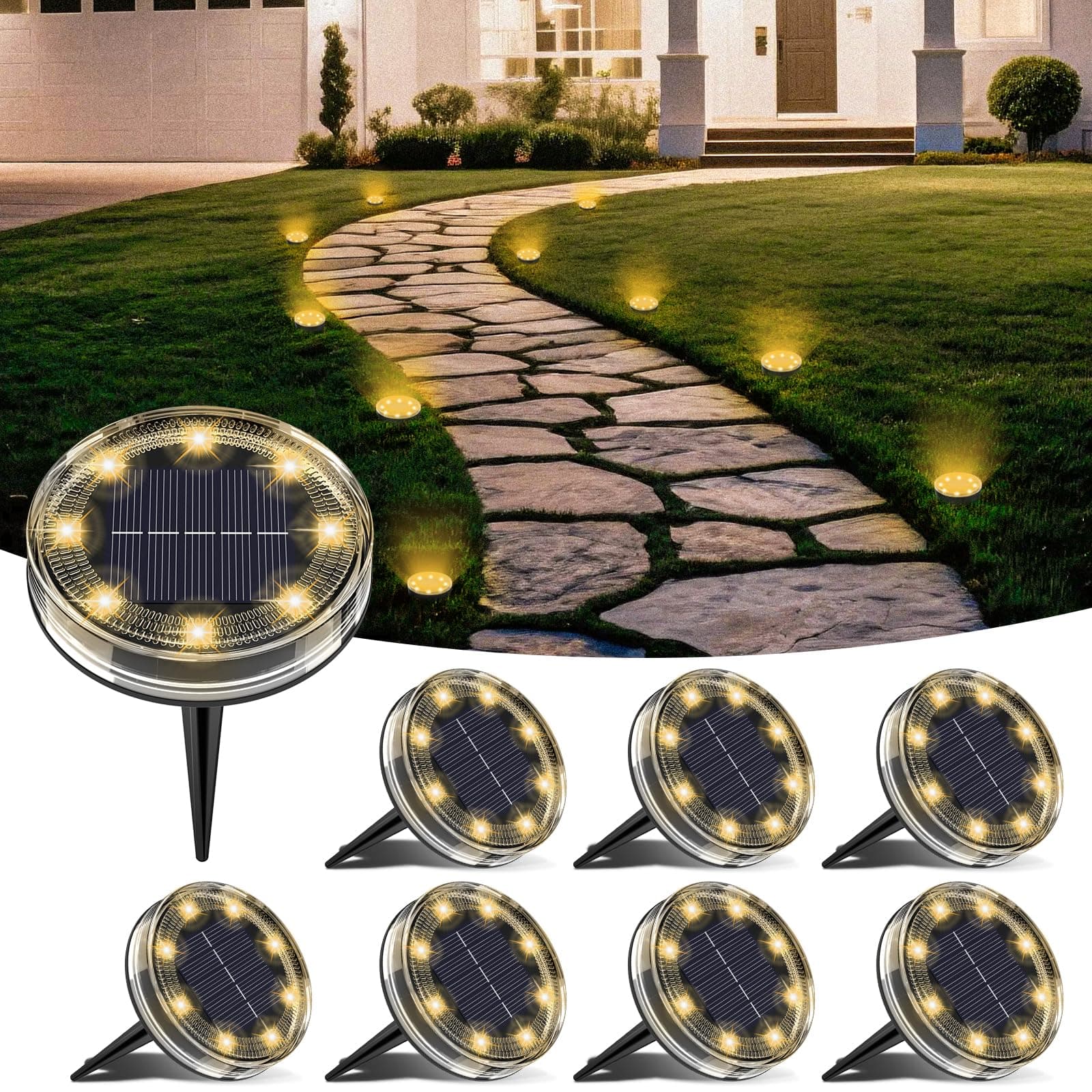 LOTMOS Luci Solari da Giardino da Terra, 8 Pezzi Faretti Solari a Led da Esterno IP68 Impermeabile, 8 LED Sepolta Lampade Luce Solare Decorazione per Prato Cortile Vialetto Paesaggio, Bianco Caldo