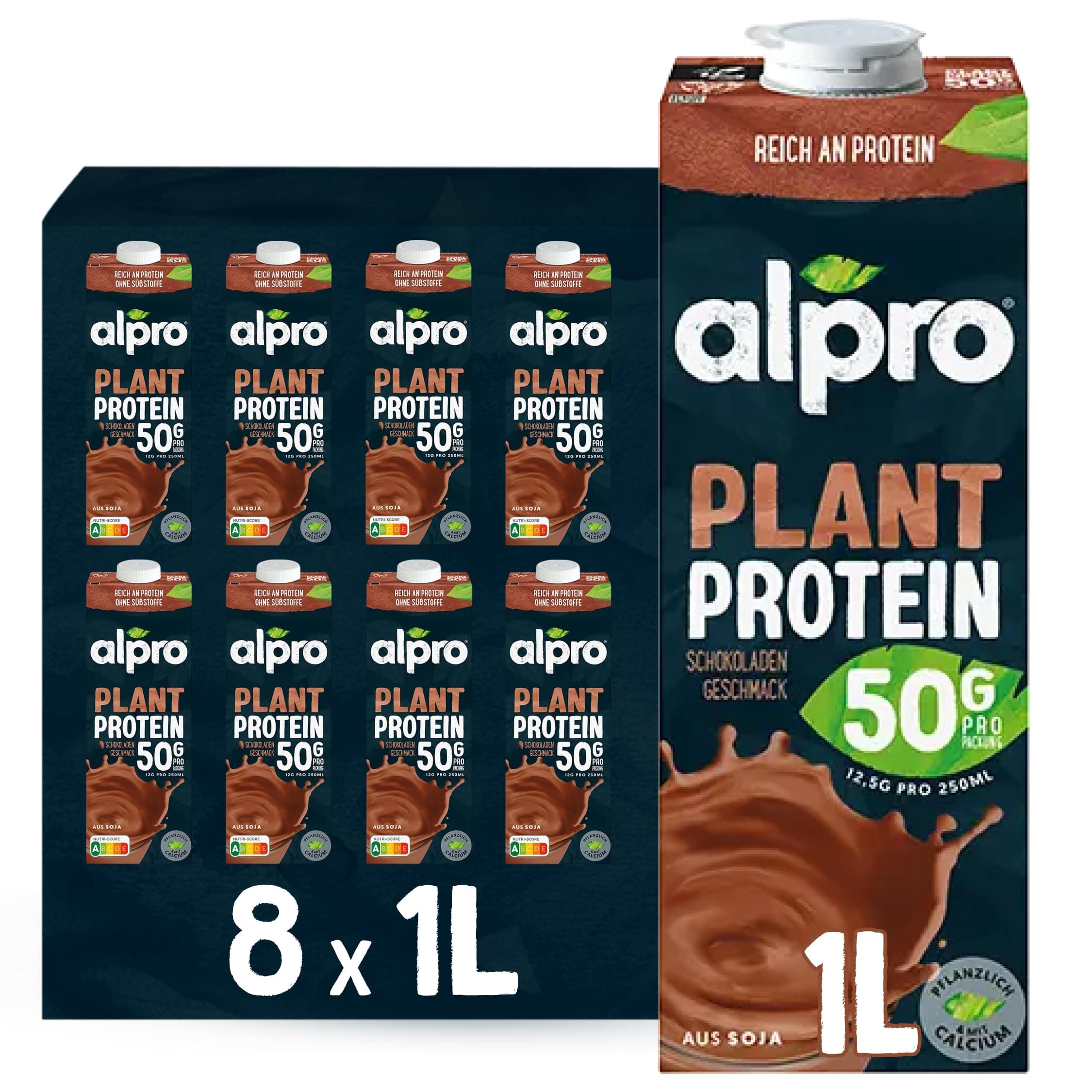 Alpro Proteindrink Soja Schokolade 8x1L | 100% pflanzlich | laktosefrei | zuckerarm | reich an pflanzlichem Protein