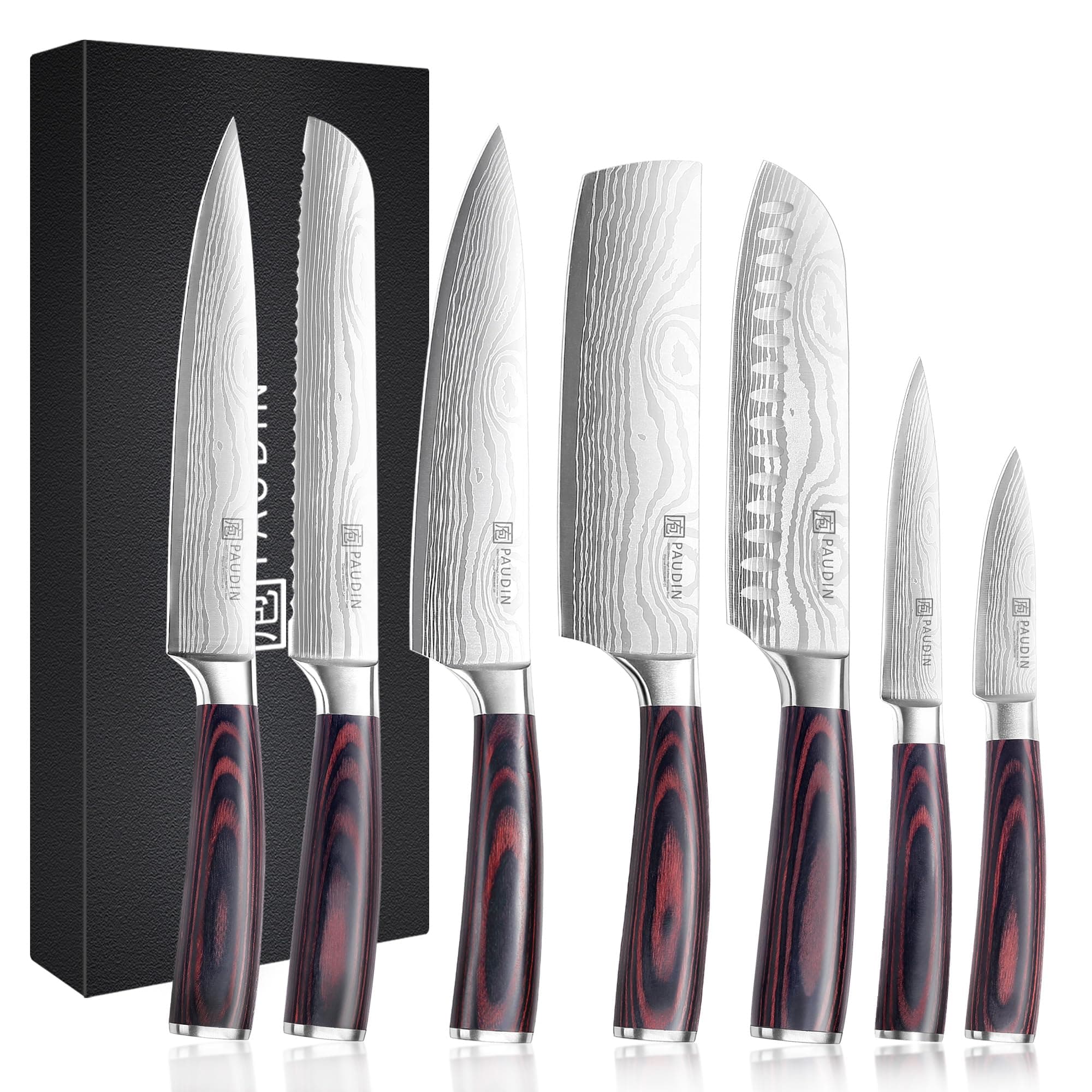 PAUDIN Set di coltelli da cucina, 7 pezzi acciaio inossidabile al carbonio di alta qualità, set di coltelli ultra affilati con coltello da chef, mannaia, coltello da cucina con manico ergonomico