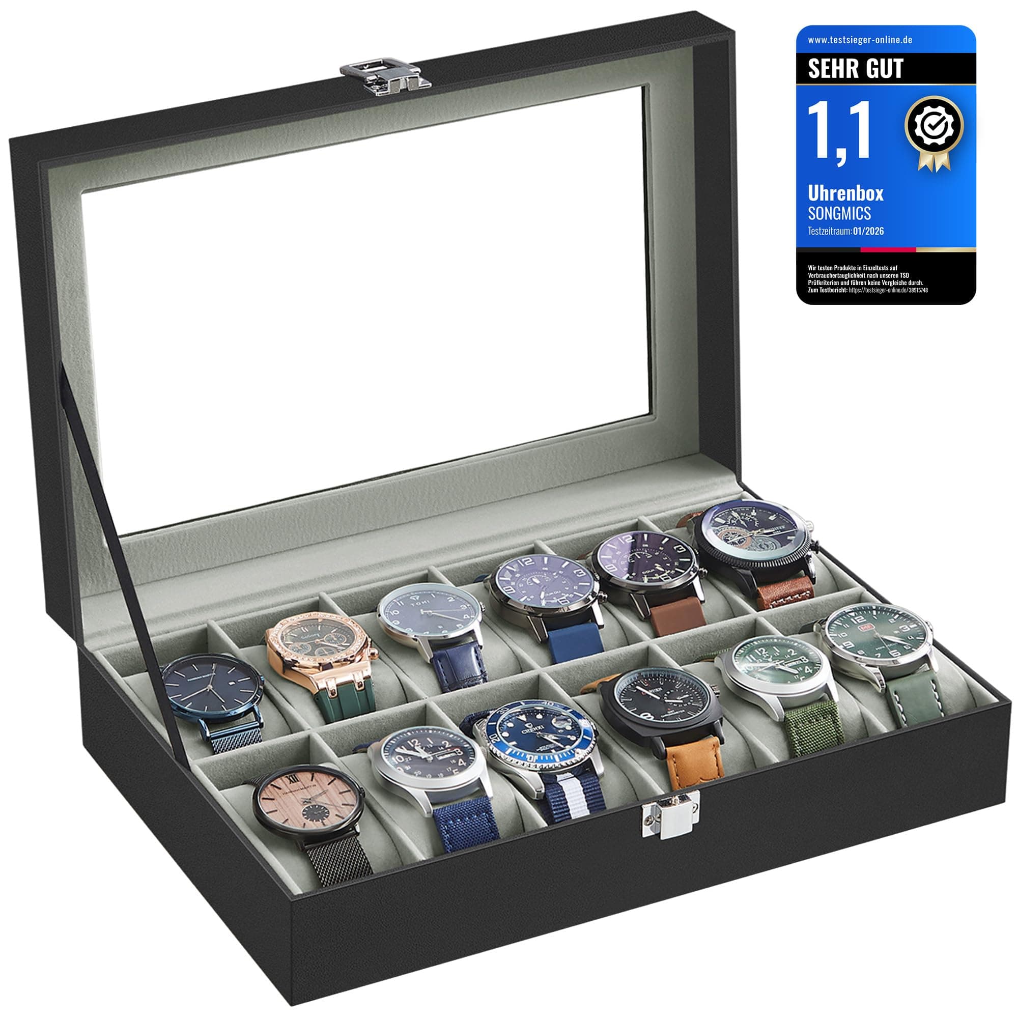SONGMICS Uhrenbox mit 12 Fächern, Uhrenkasten, Glasdeckel, Uhrenkoffer mit herausnehmbaren Uhrenkissen, Premium-Uhrenschatulle, PU-Bezug in Schwarz, Samtfutter in Grüngrau JWB12BK