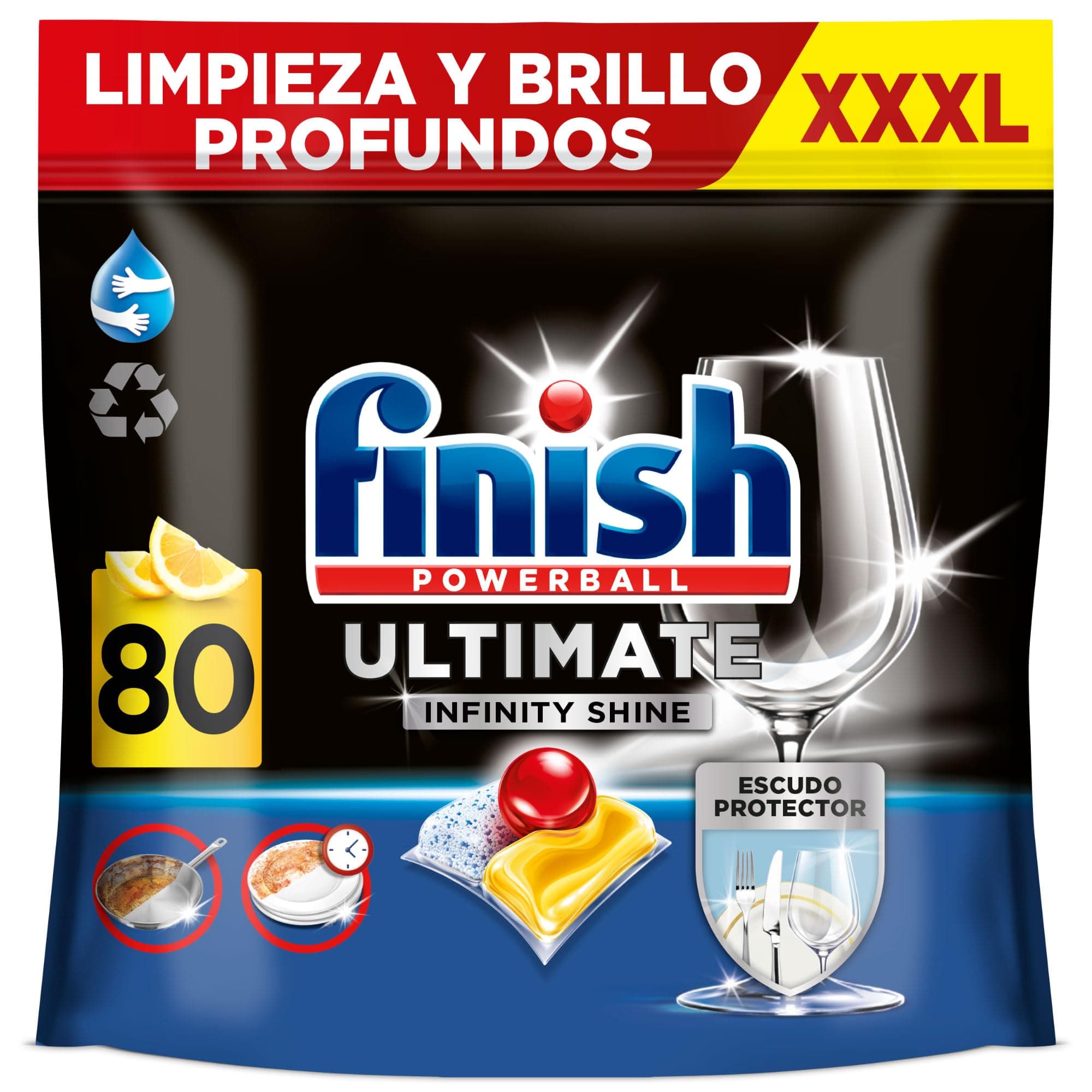 Finish Powerball Ultimate Infinity Shine, pastillas para el lavavajillas con poder quitagrasas y protección del cristal, aroma limón, 80 Pastillas