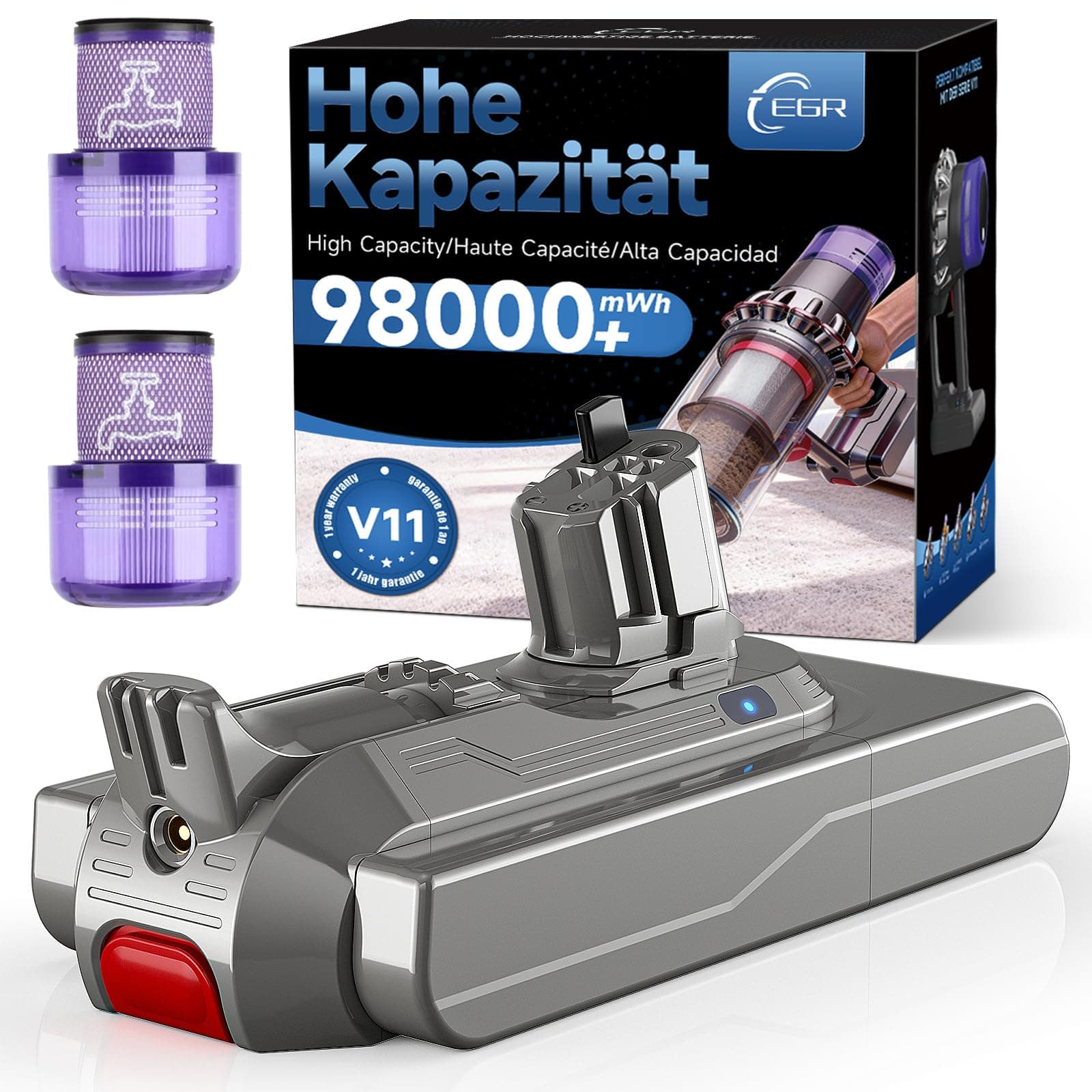 EGR Mejorada V11 Bateria para Dyson V11Montaje por Clic V15/SV15/SV22/970425-01 Extra/Absolute/Animal/Torque/Drive/Outsize Aspiradora Batería con 2 Filtros（No para Montaje Atornillado）