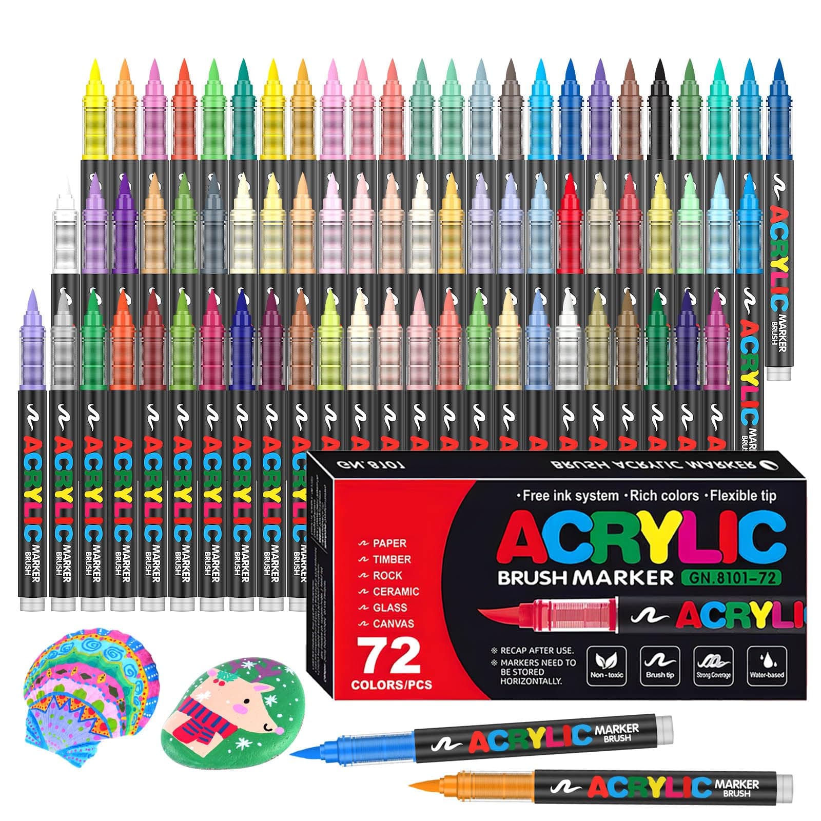 Efimeso 72 Couleurs Feutre Acrylique, Marqueur Peinture Acrylique à Pinceau à Base D'eau, Acrylic Paint Marker pour Roche, Toile, Bois, Pierre, Céramique, Verre, Tissu