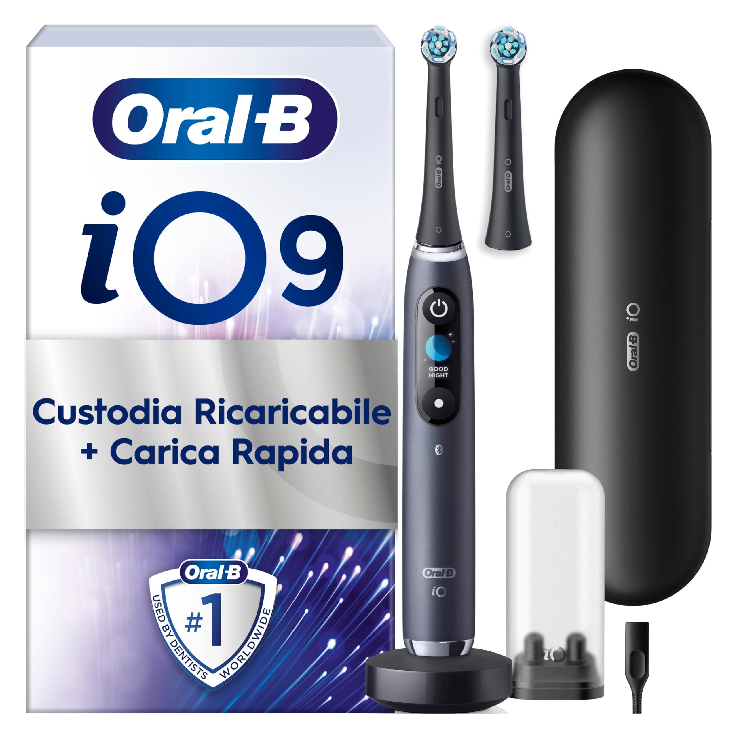 Oral-B Spazzolino Elettrico Ricaricabile iO 9 Nero Edizione Limitata, 1 Spazzolino Elettrico Oral B, 1 Testina Di Ricambio, Custodia Da Viaggio, Astuccio Magnetico. Pulizia Denti Efficace