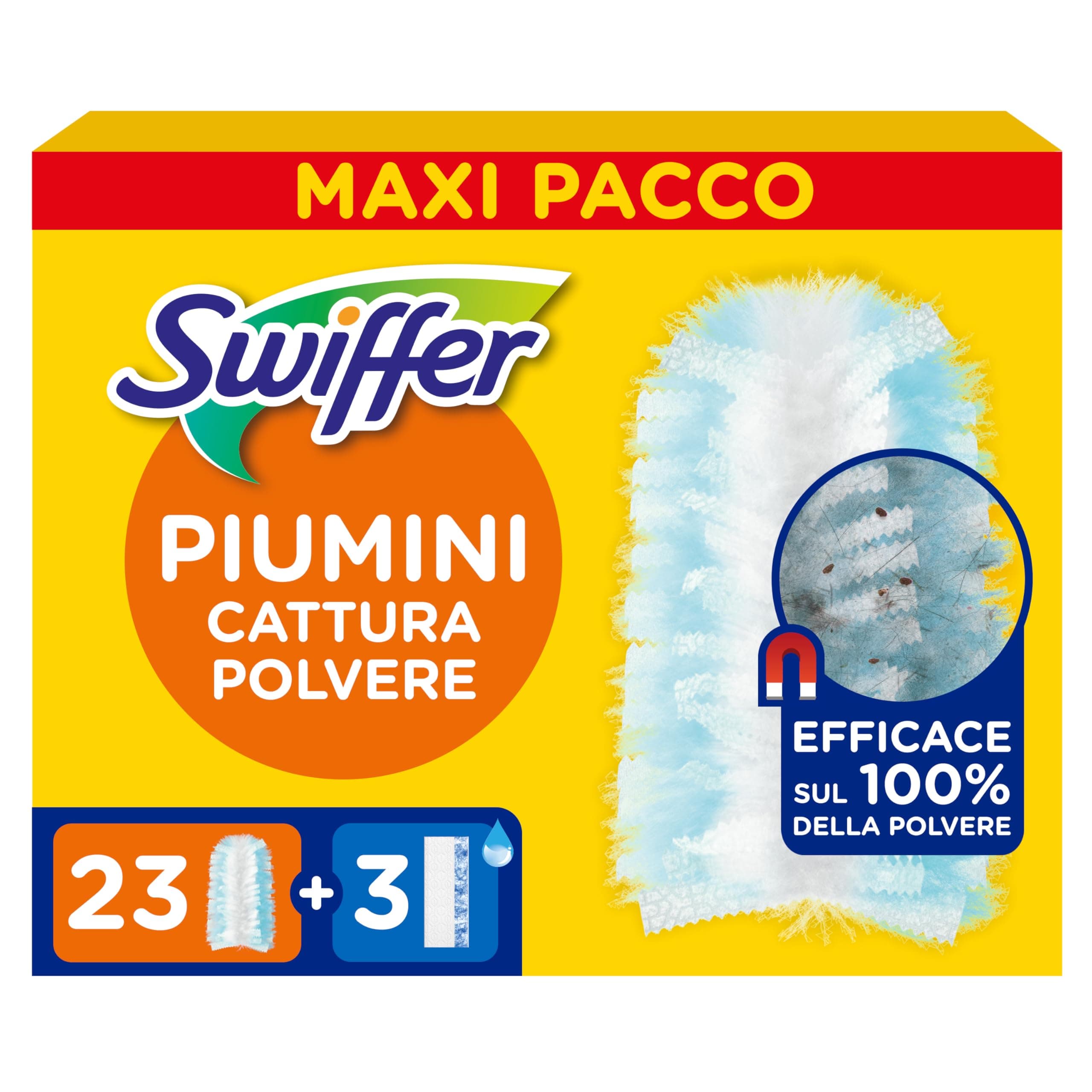 Swiffer Duster Piumini Cattura Polvere, 23 Piumini e 3 Panni Lavapavimenti, Cattura e Intrappola Polvere e Sporco, Raggiunge I Punti più Difficili della Casa, Maxi Formato
