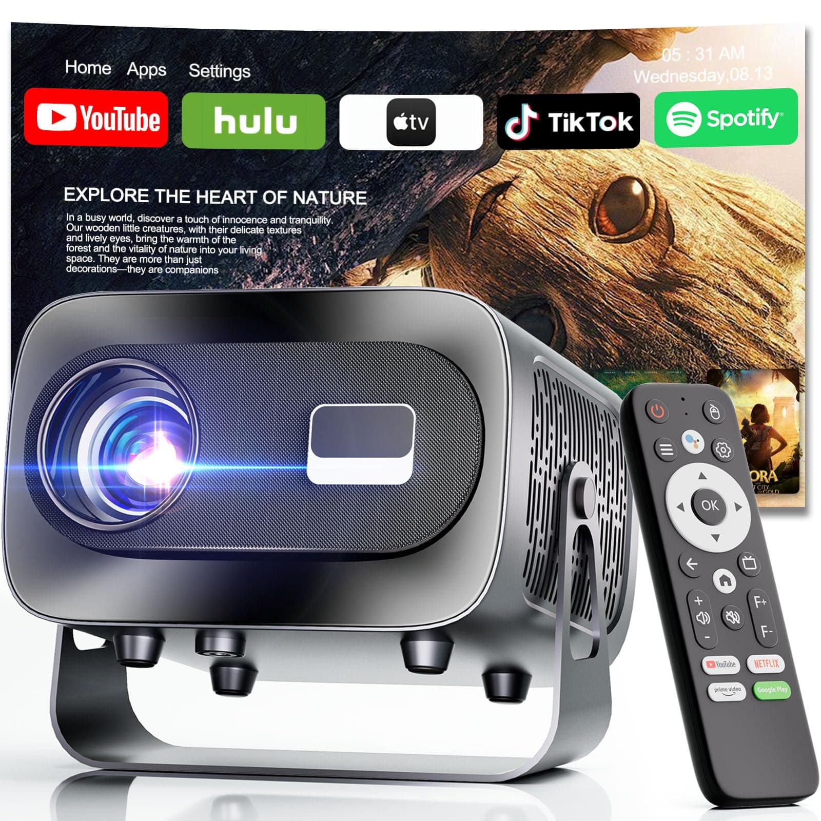 [ App integrada] Proyector Portátil con WiFi 6 Bluetooth 5.1 Support 4K 1080P Auto Keystone 180° Rotable Videoproyector Compatibile con HDMI/USB/TV Stick/Laptop, Gris