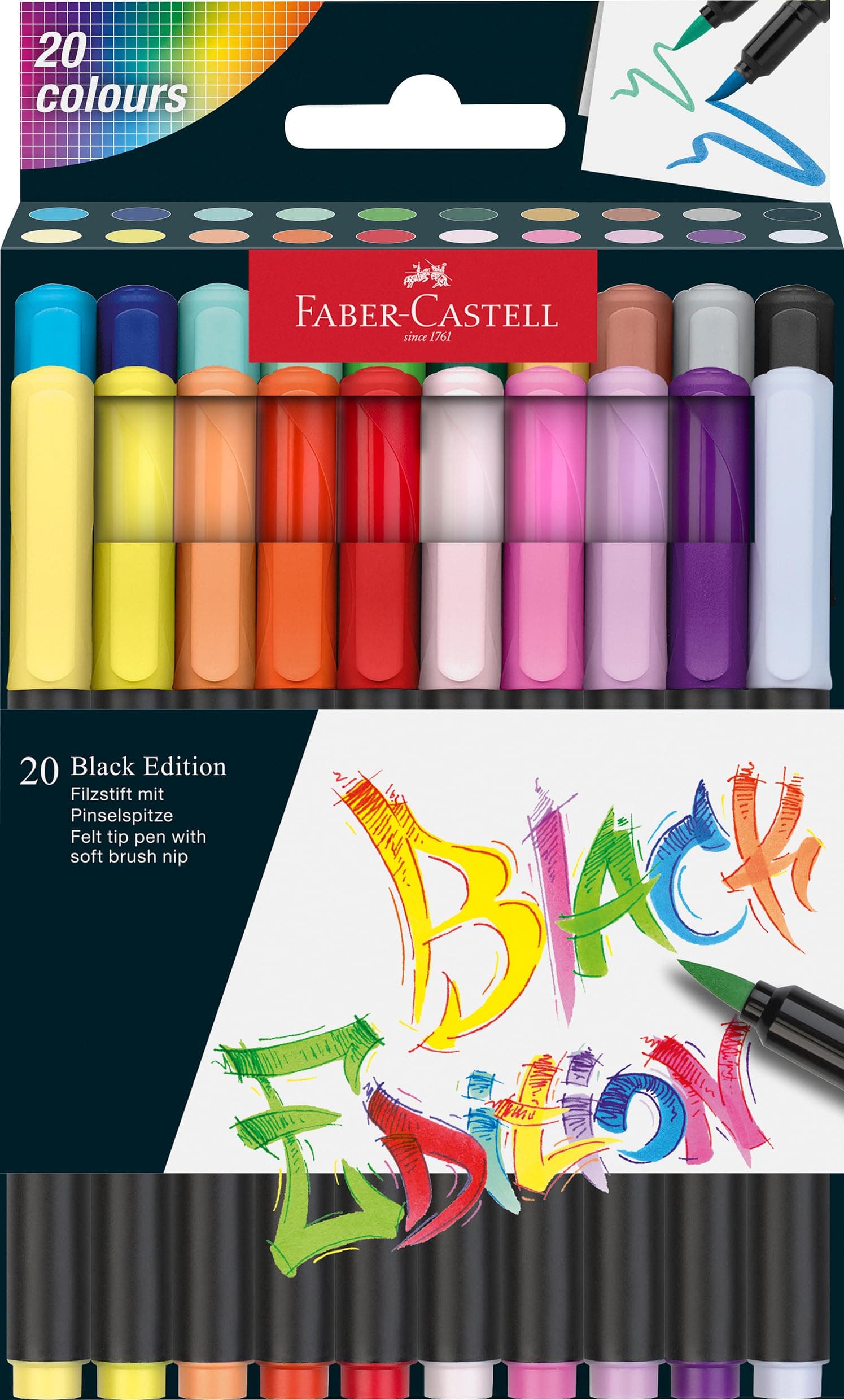 Faber-Castell 116452 Black Edition Brush Pen Set mit 20 leuchtenden Farben, Filzstifte für Erwachsene, Brush Pens zum Ausmalen und Schreiben, abwaschbare Tinte