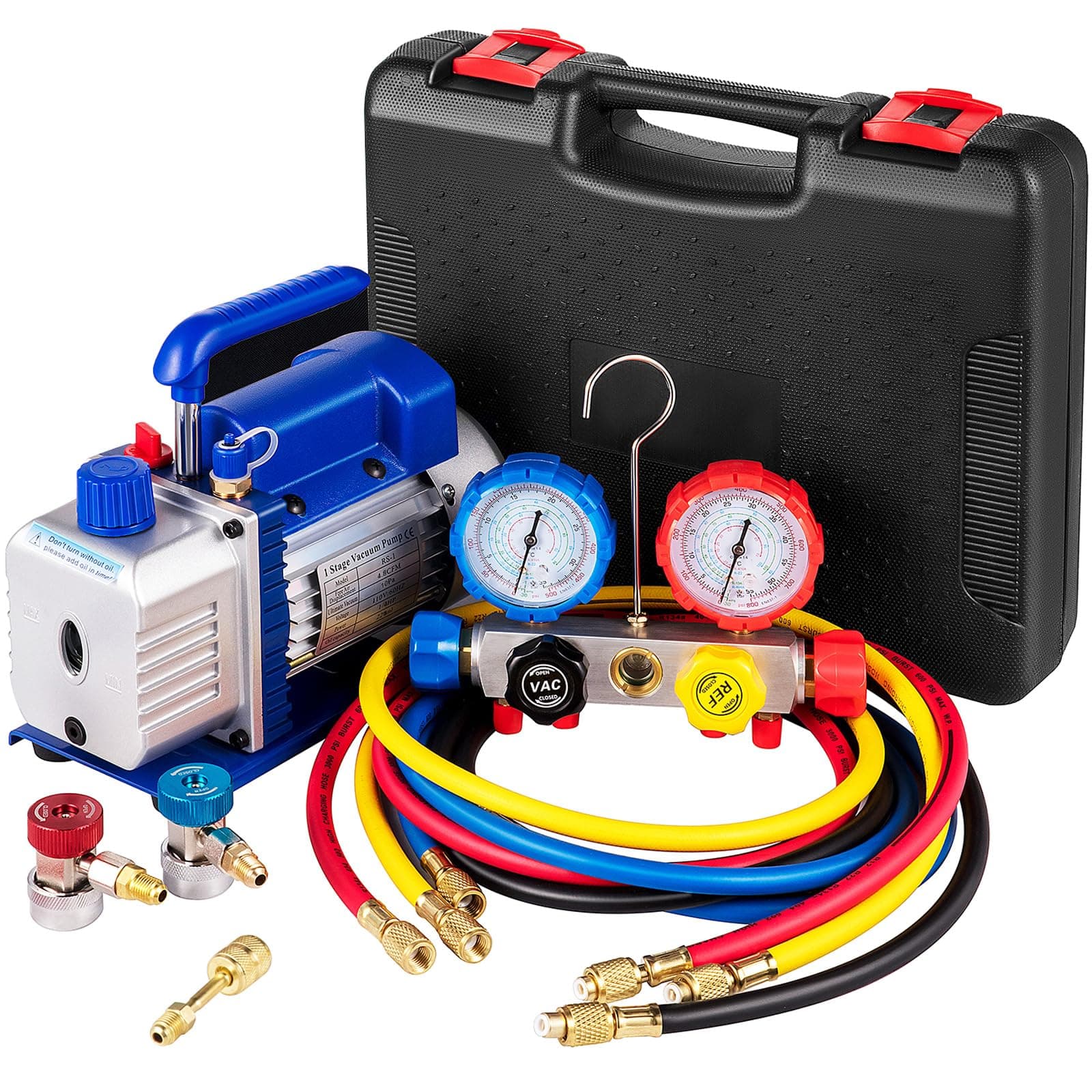 VEVOR Bomba de Vacío de Aire Acondicionado 136 L/min 1/3 Hp HVAC Bomba de Vacío de Refrigeración con Kit de Manómetros 4 Vías 1440 RPM para Refrigeración de Aire Acondicionado Automotriz con Caja