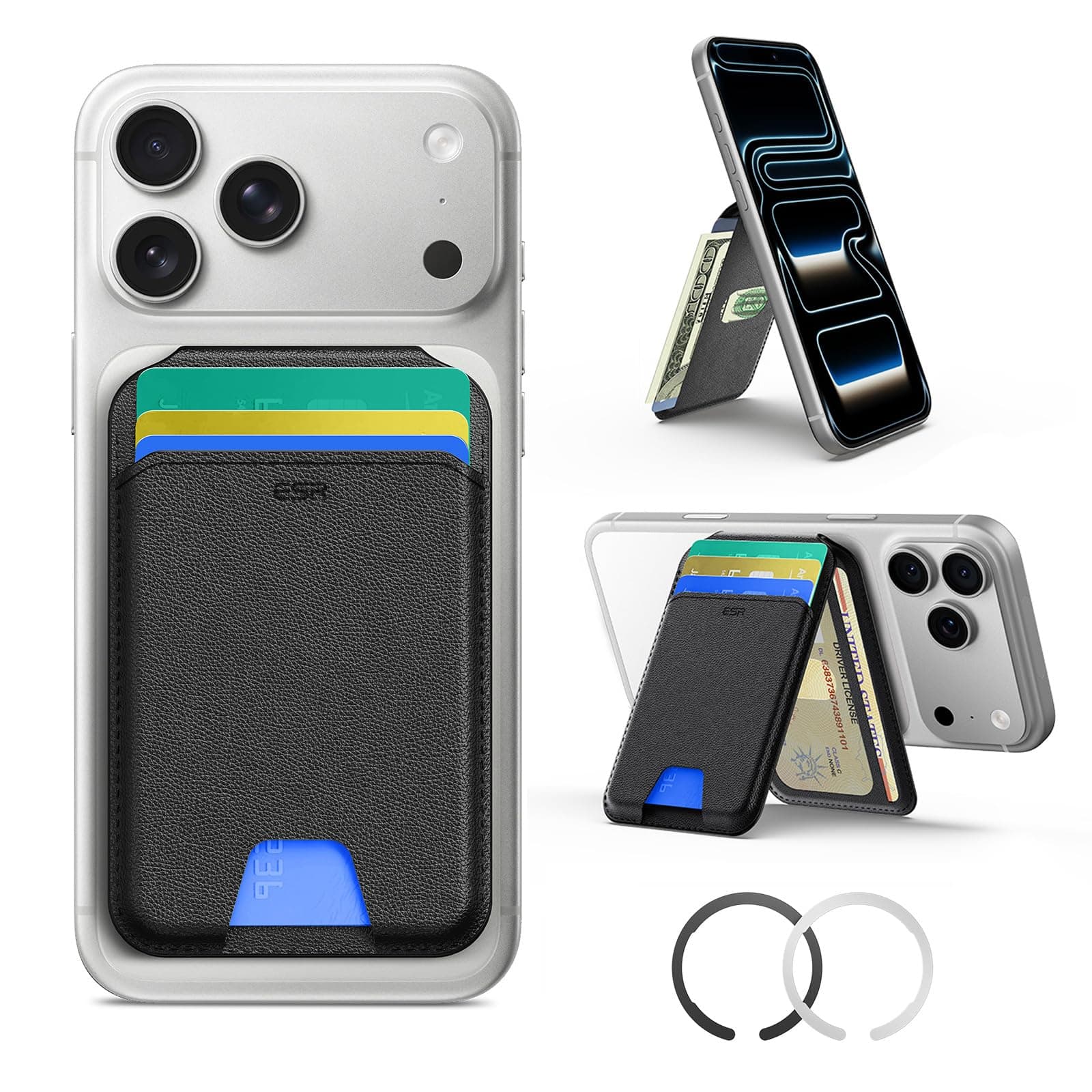 ESR mit MagSafe Wallet, 5 Kartenhalter, RFID-Schutz, für Magsafe Geldbörse mit Ständer, Wallet für iPhone 17e/17/16/15/14/13/12-Serie und Ausgewählte Samsung Geräte, Nicht für 13/12 Mini, Schwarz