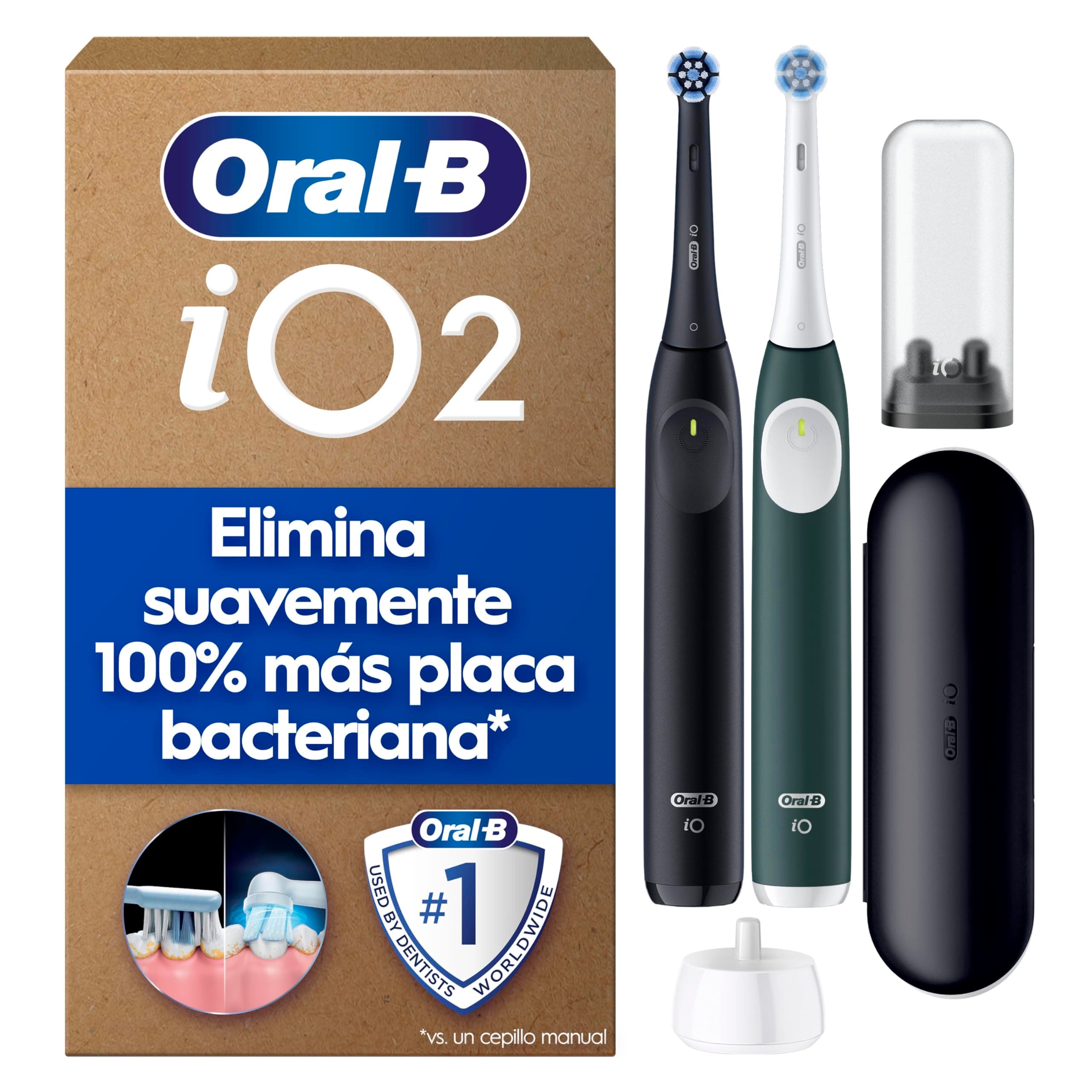 Oral-B iO 2 Pack de 2 Cepillos de Dientes Eléctricos Negro Noche y Verde Bosque, 2 Cabezales, 1 Estuche de Viaje, 1 Portarrecambios, 3 Modos De Cepillado, Sensor De Presión y Temporizador