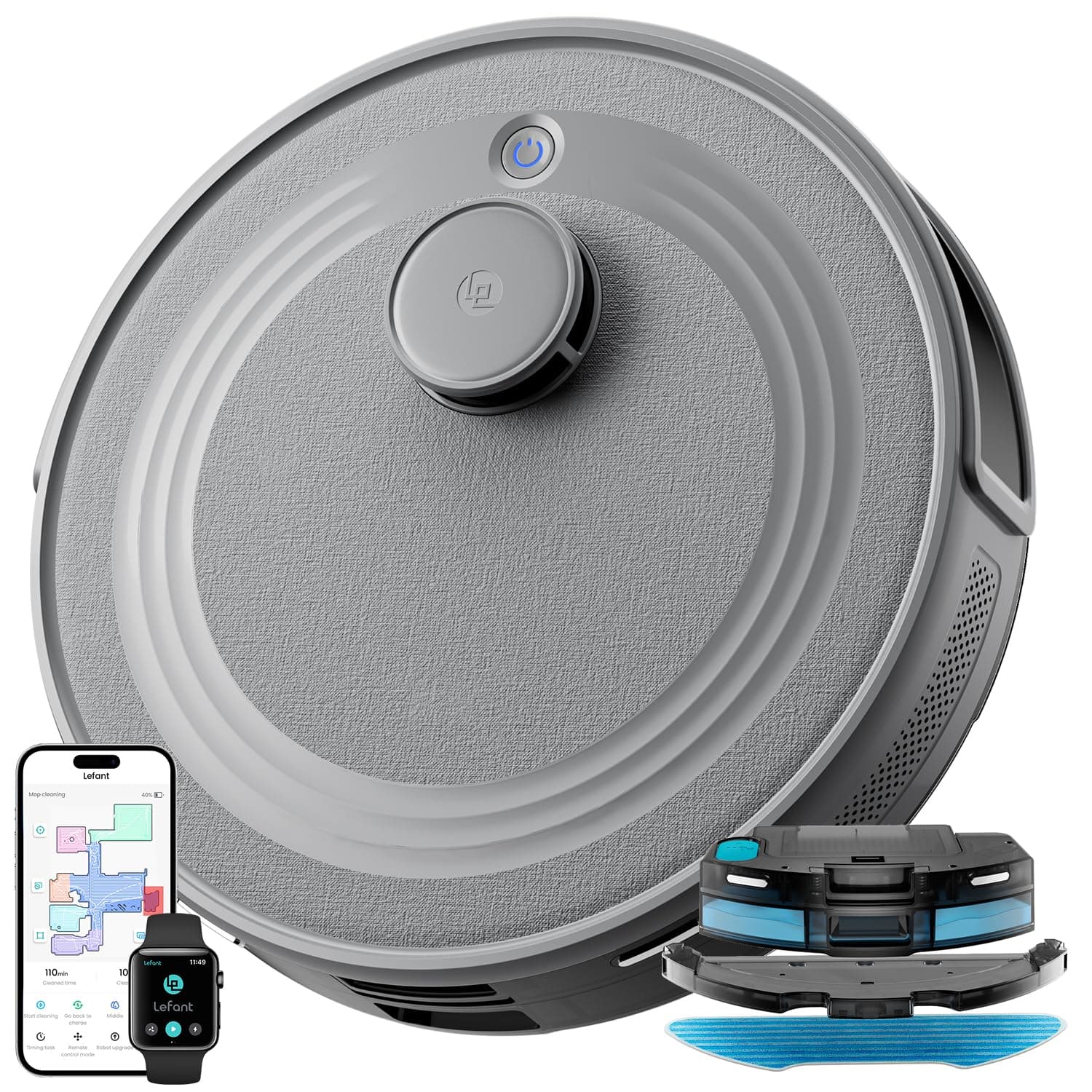 Lefant M2 Robot Aspirador y Fregasuelos 2 en 1, 160min Automático, 6000Pa, Navegación Láser, Evitación PSD, Limpieza Personalizada, Ideal para Limpiar Pelo de Mascotas y Suelos Duros, Gris