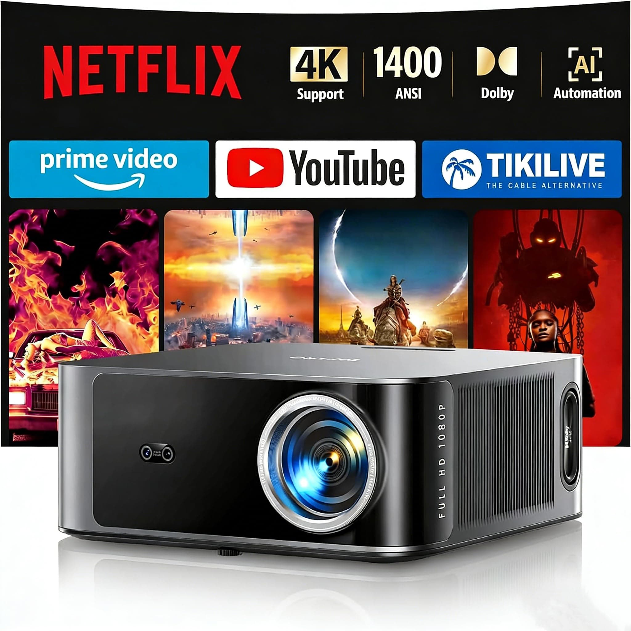 Proyector【1400 ANSI/App Oficial Integrada/36W Dolby】Smart Proyector 4K Compatible con Netflix AI Auto Focus/Keystone, Proyector1080P Nativo WiFi6 Bluetooth5.2 Zoom 50% Cine en Casa/Exterior para Movil