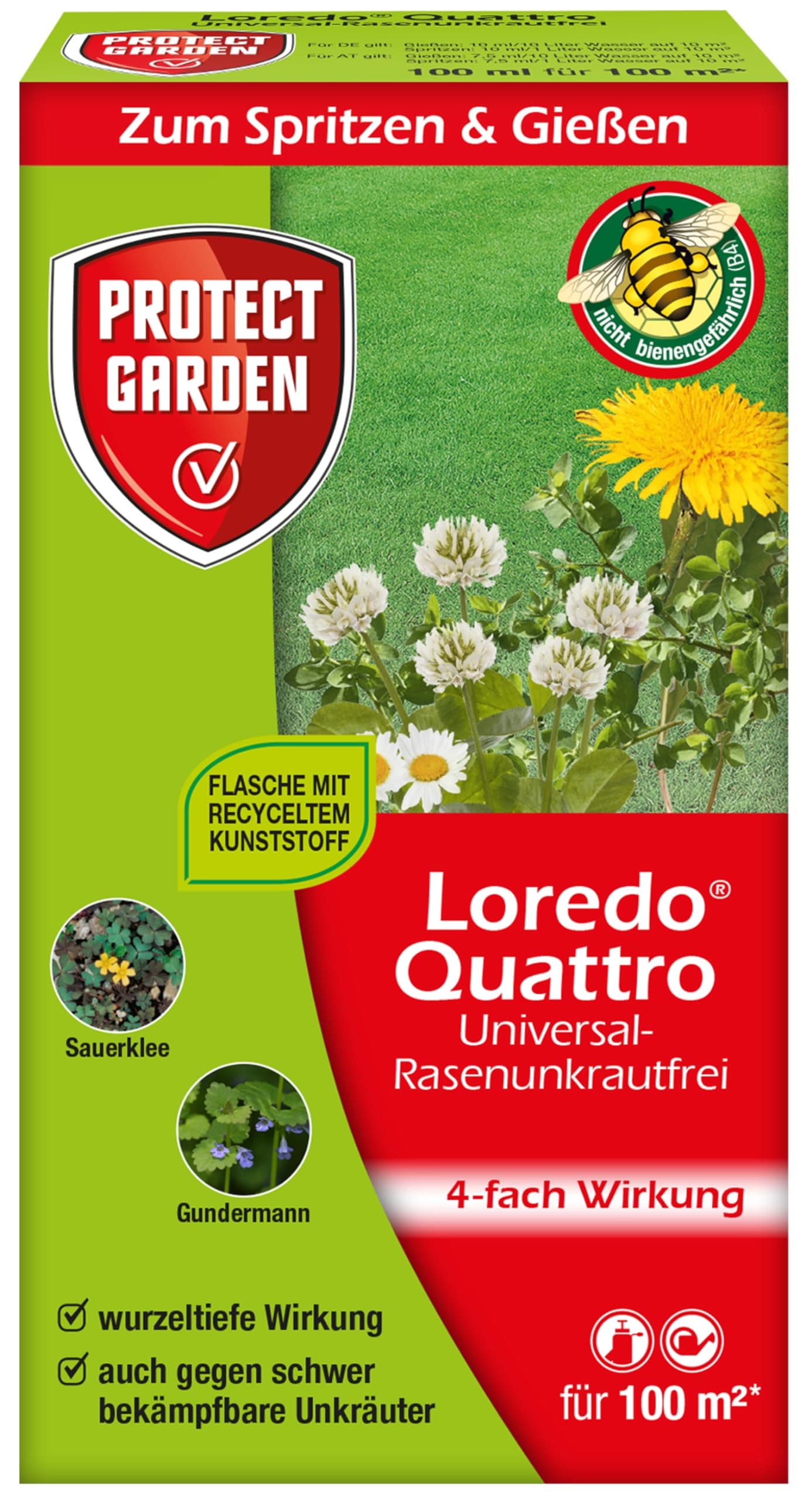 PROTECT GARDEN Universal-Rasenunkrautfrei Loredo Quattro Rasen-Unkrautvernichter gegen hartnäckige Unkräuter mit 4-fach Wirkung, 100 ml