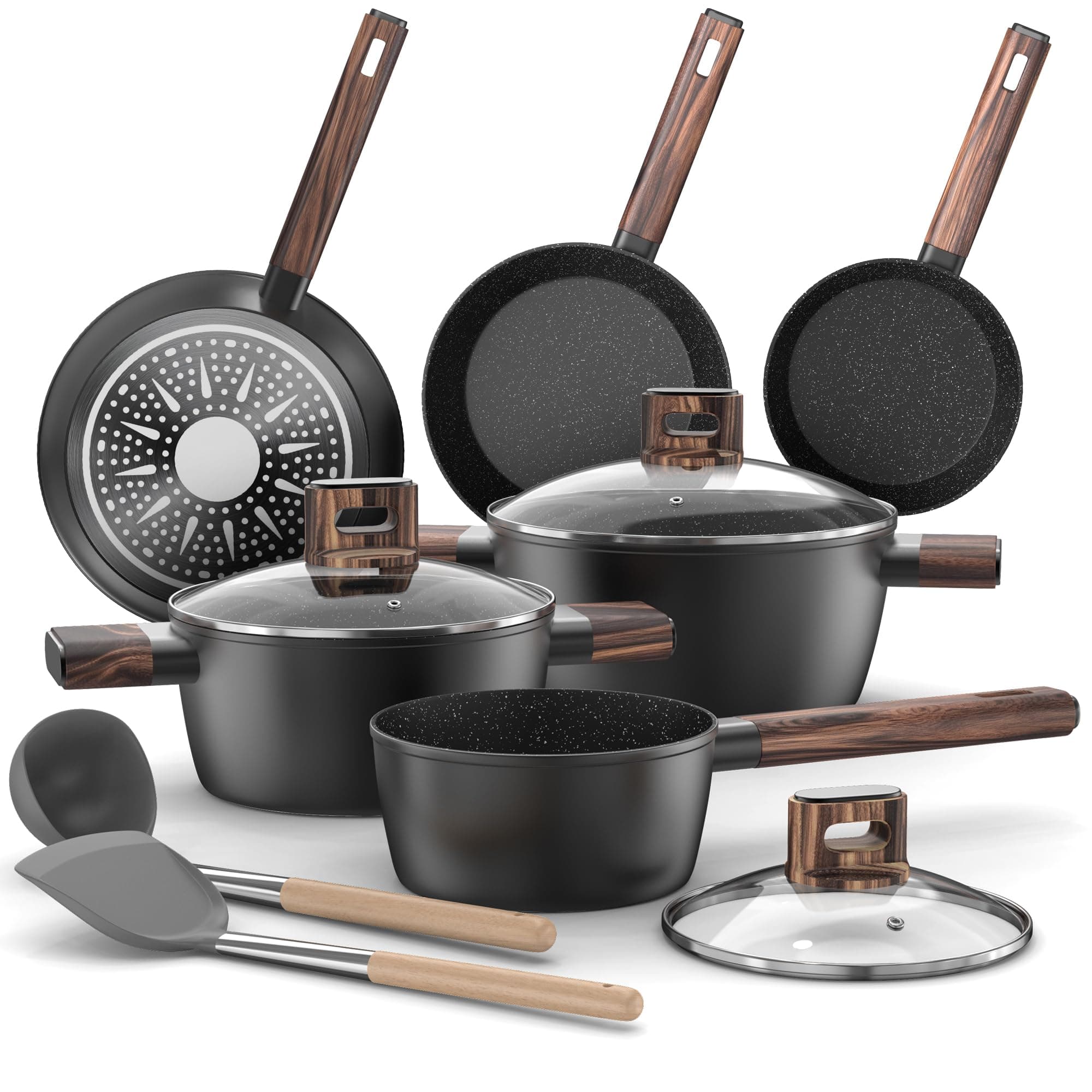 Batterie de Cuisine - Casserole et Poêle Induction de 11 Pièces Antiadhésives Tous Feux, Poêles 20/28 cm, Poêle Profonde 24 cm, Casseroles avec Couvercles 16/20/24 cm, sans PFOA, PFOS Topbooc