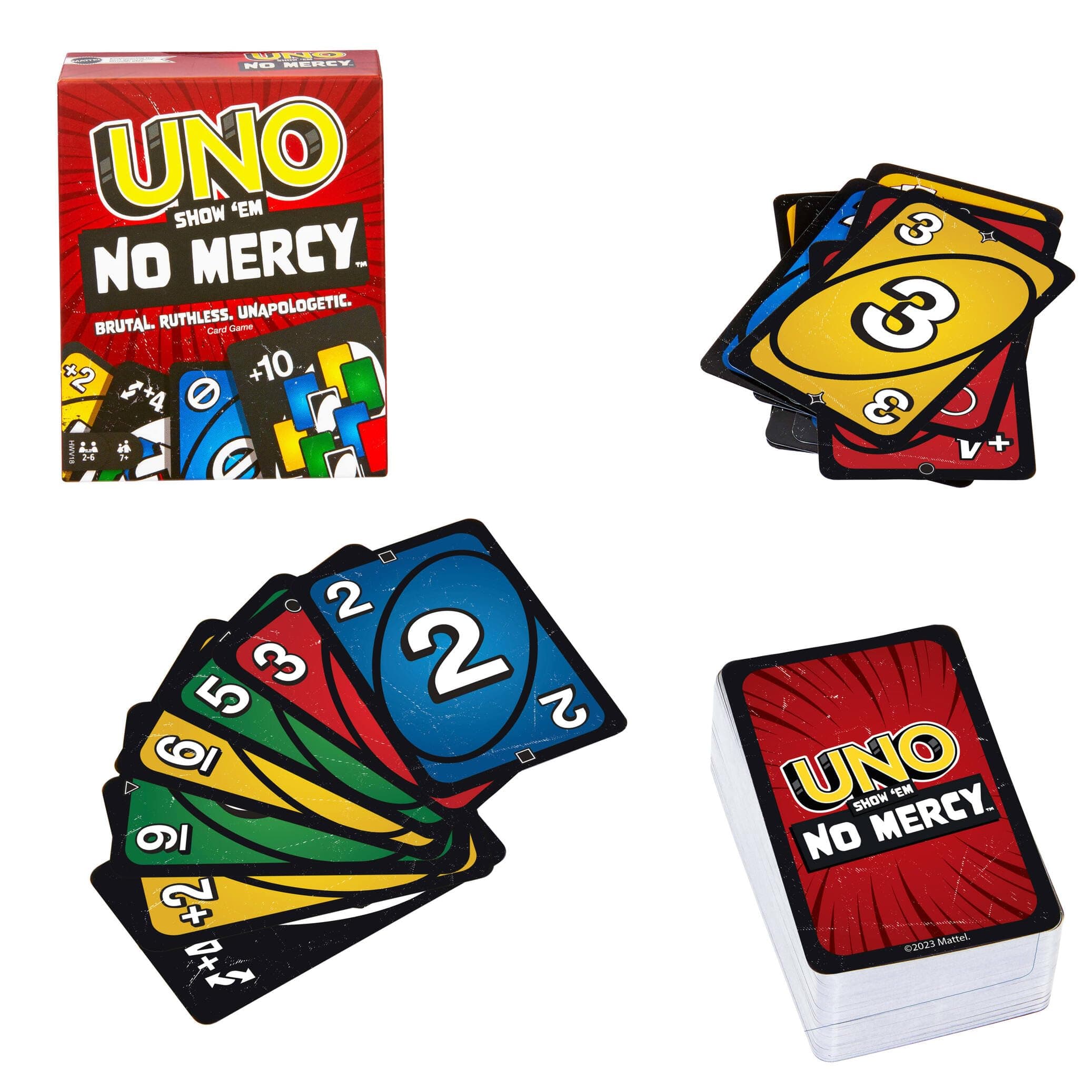 Mattel Games Juego de cartas UNO No Mercy Juego de mesa familiar con cartas nuevas, reglas especiales y penalizaciones más despiadadas, +7 años (HWV18)