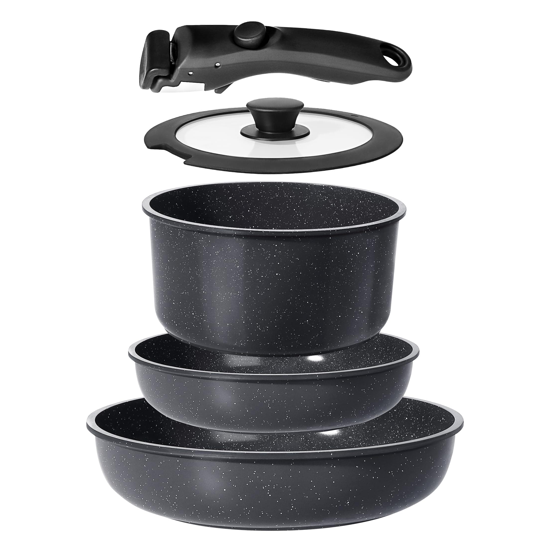 GiPP Juego de Ollas y Sartenes Cerámicas Antiadherente - Juego de Cocina con Mangos Desmontables, No Tóxico, Apto para Inducción, Horno y Lavavajillas(Negro 5PCS)