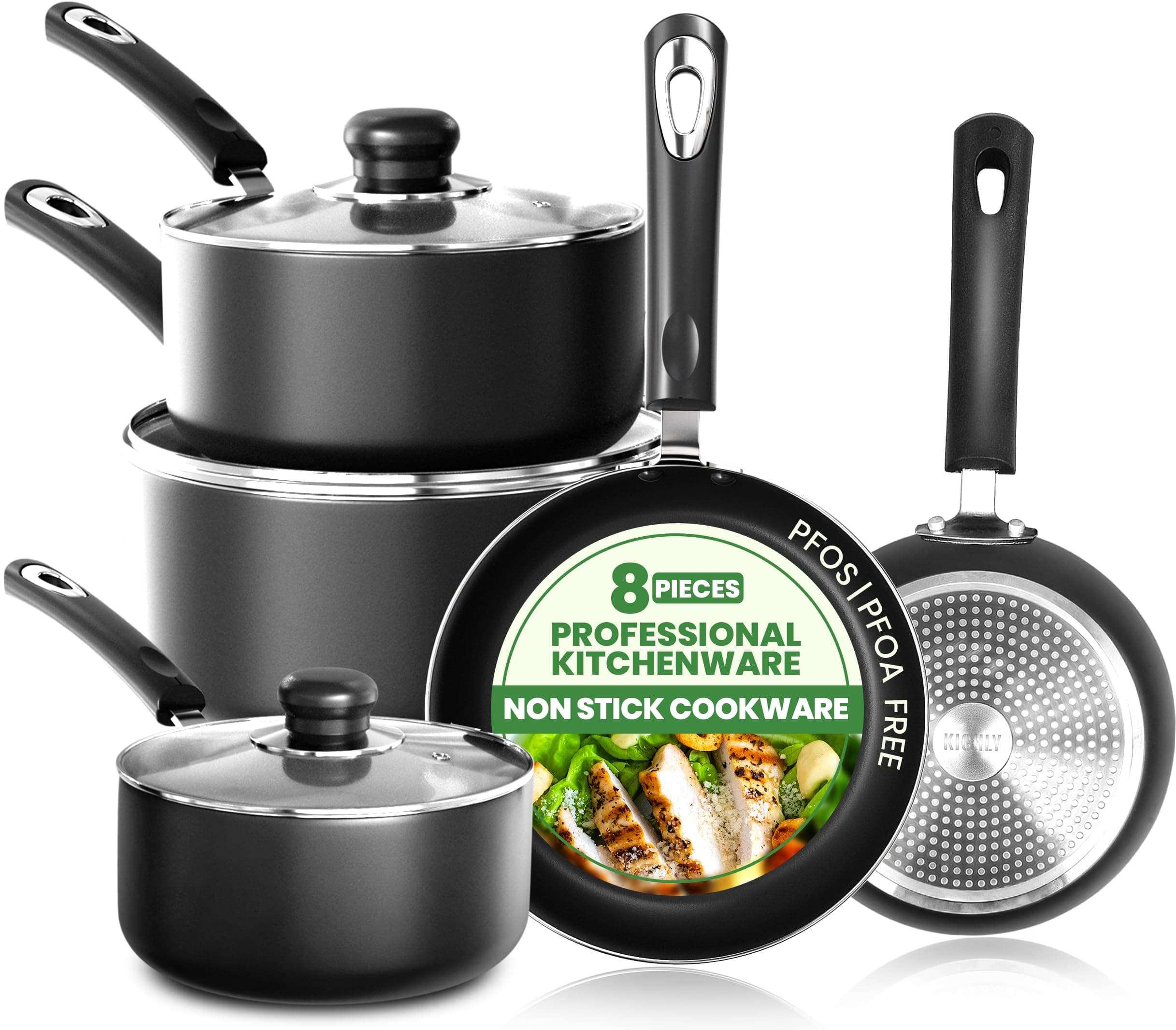 KICHLY Juego de ollas y sartenes antiadherentes de 5 piezas, sartenes de inducción de 20 cm, 28 cm, cacerola con tapas de 20 cm, 18 cm, cacerola no de inducción de 16 cm, juego de ollas aptas para