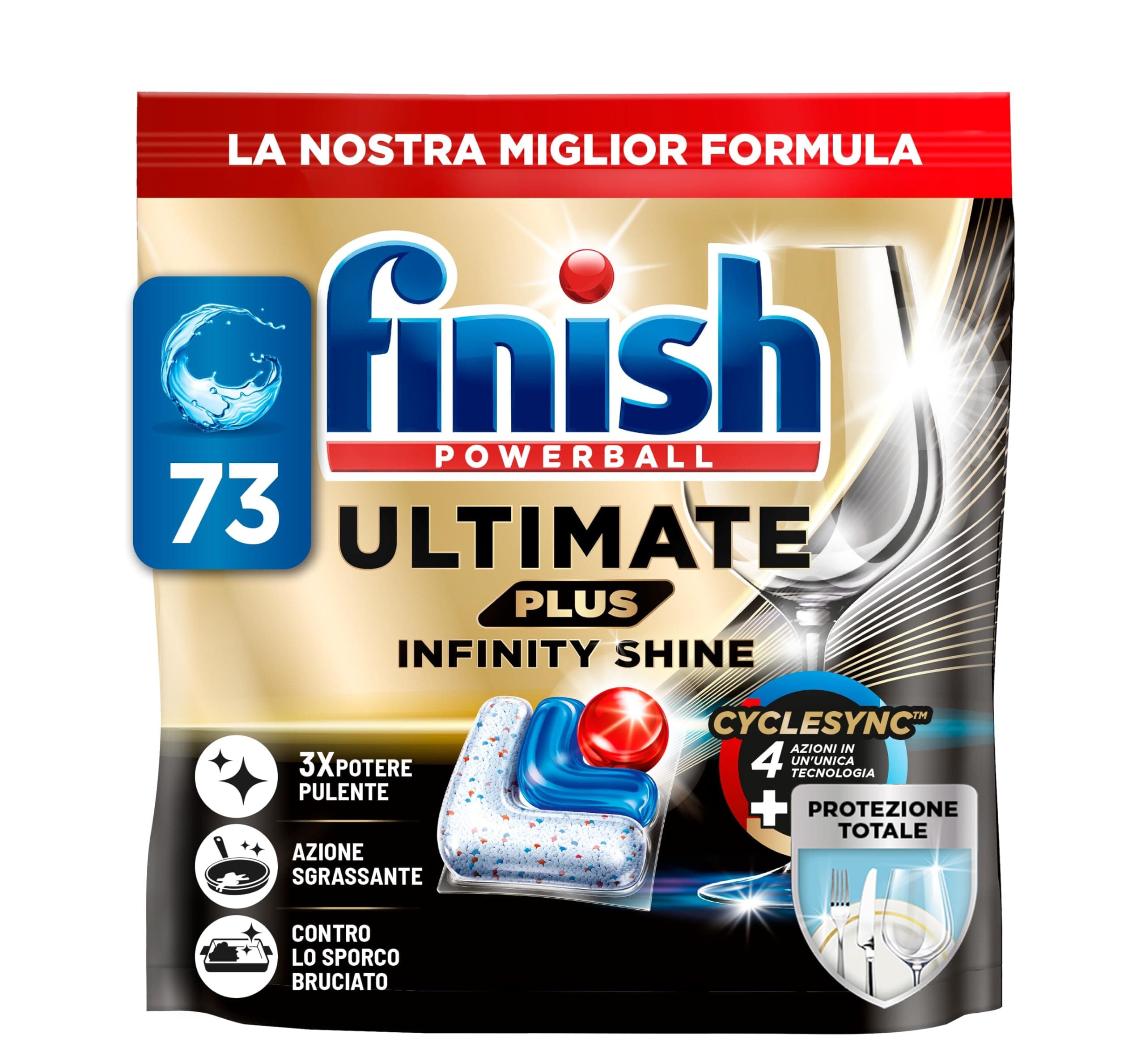 Finish Ultimate PLUS Infinity Shine Pastiglie Lavastoviglie, 73 Capsule Lavastoviglie, Pastiglie per Lavastoviglie con Scudo Protettivo contro lo Sporco e i Residui Incrostati