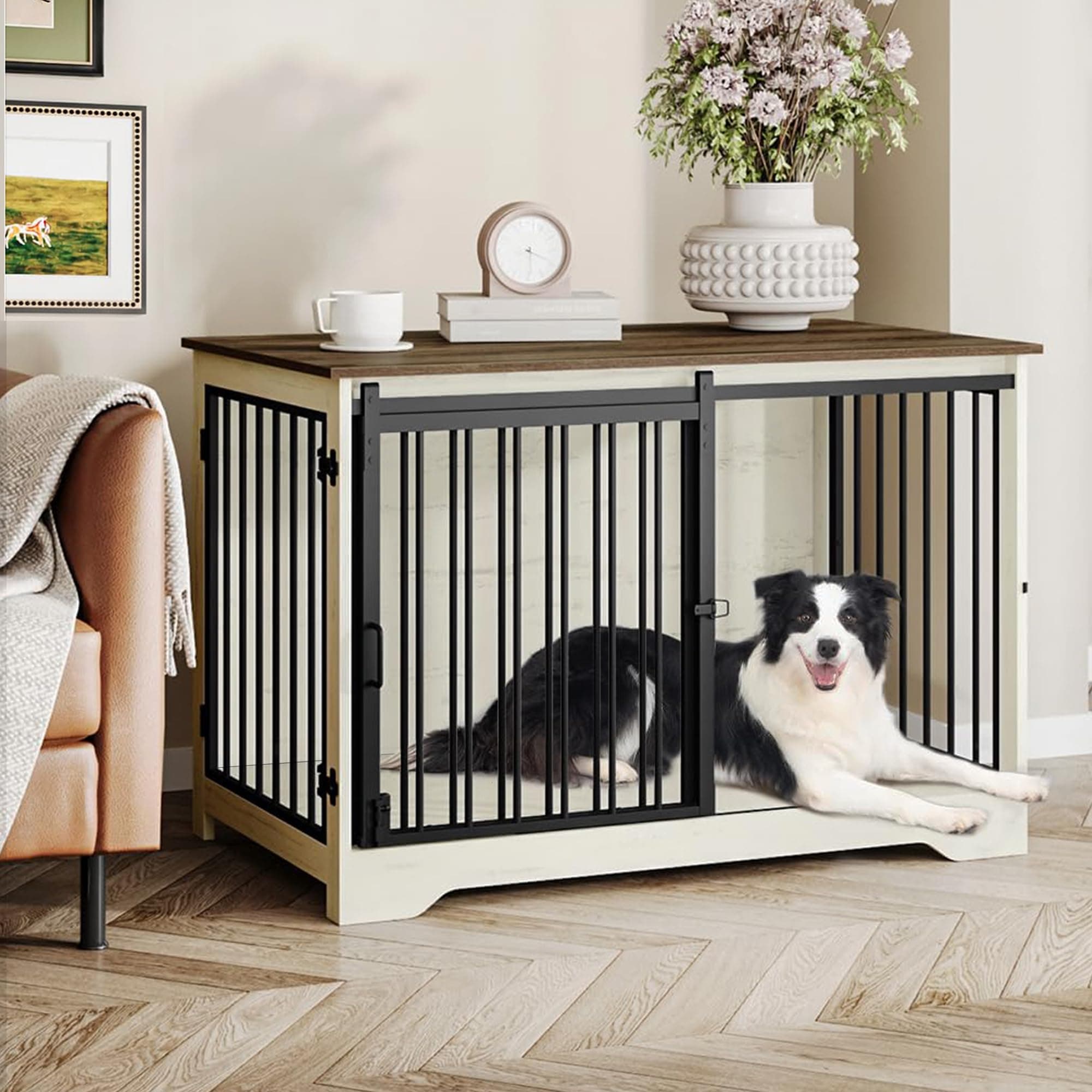 Hzuaneri 100cm Jaula para Perros, Mesa Auxiliar, casa Moderna para Perros, Jaula para Cachorros, dúplex para Animales, 2 Puertas, 60 x 100 x 68 cm, Blanco y Marrón DFC02314B