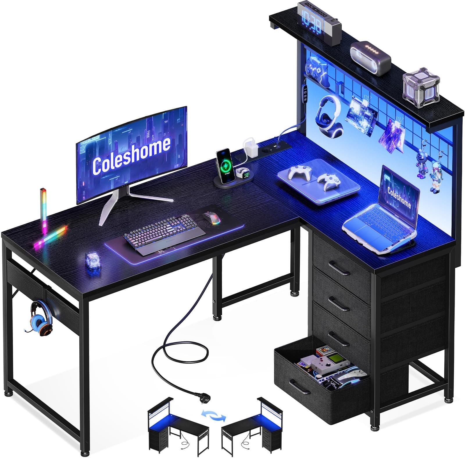 Coleshome Escritorio Gaming en L con 4 Cajones, 110x80cm Escritorio Gamer con LED y Enchufes, Escritorio Esquinero Mesa Gaming con Estanteria para Juegos Oficina en Casa, Negra