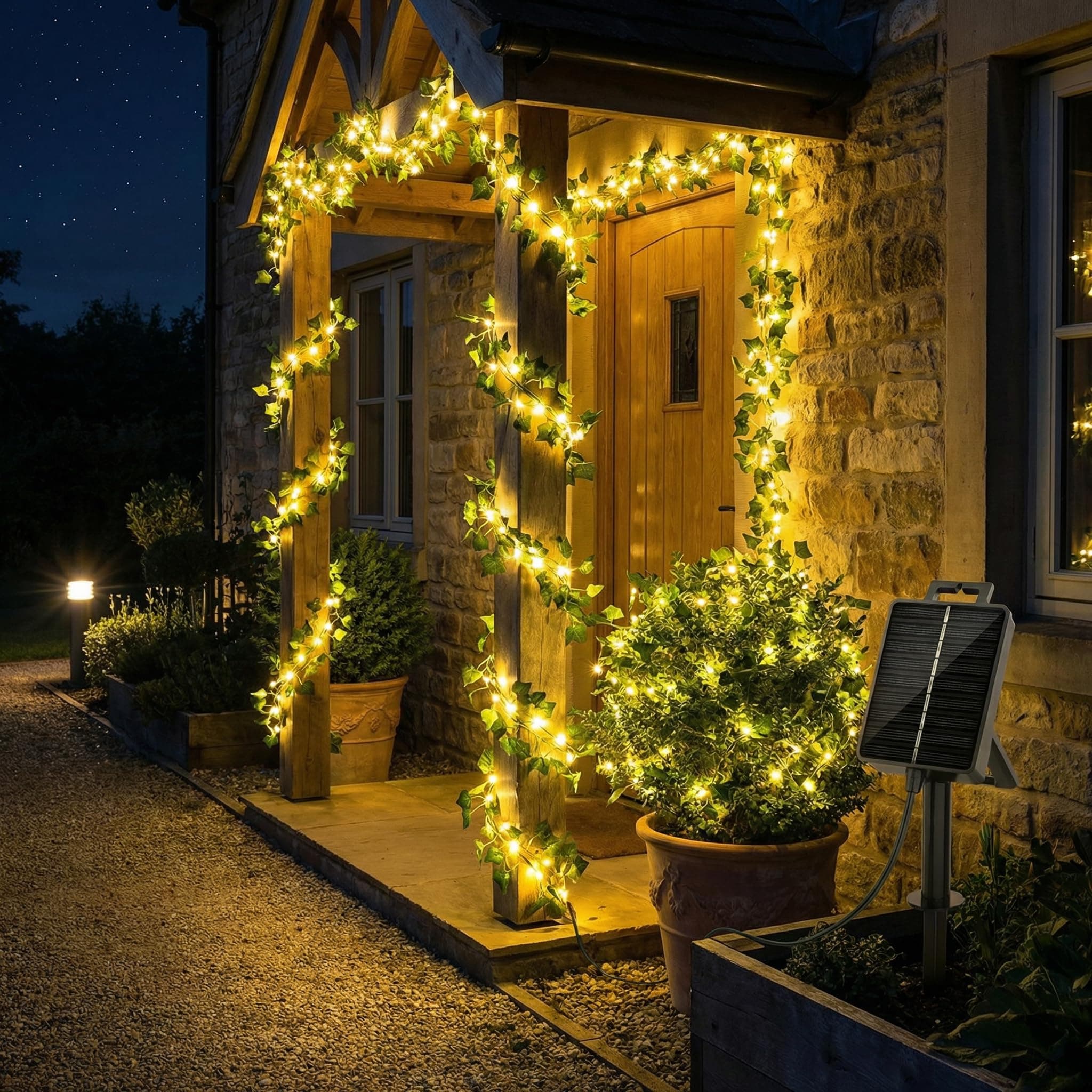 BG9D Guirnalda Solar Exterior, 10M 80 LED Hiedra Artificial con 8 Modos, IP67 Impermeable, Luces Solares Decorativas para Jardín Balcón Patio Valla Habitación