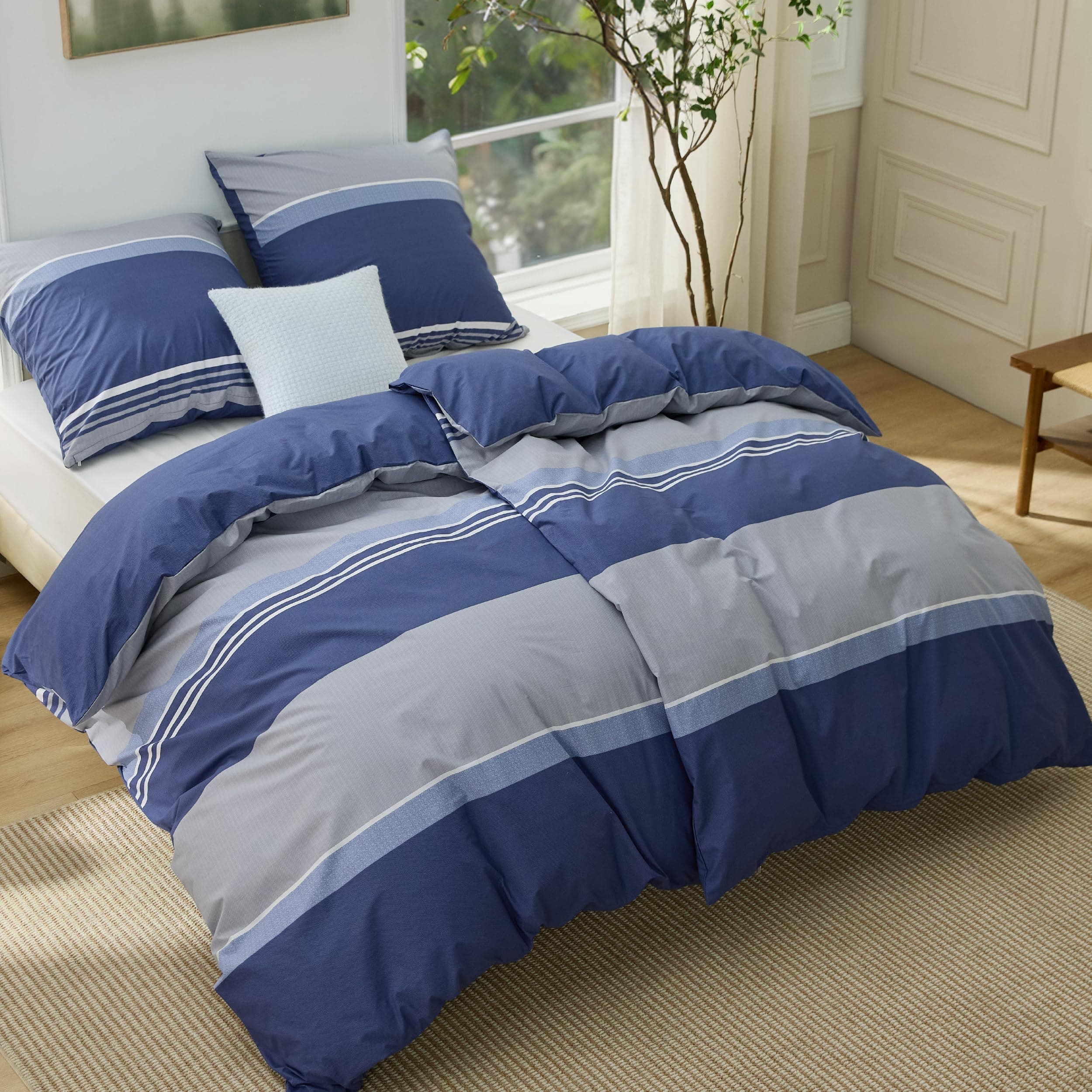 BEDSURE Bettwäsche 135x200 4teilig Baumwolle - Bettwäsche-Sets 2er Set Bettbezug mit 2 Kissenbezüge 80x80 cm, ÖKO-TEX Wendebettwäsche Bedding Blaue Streifen mit Reißverschluss