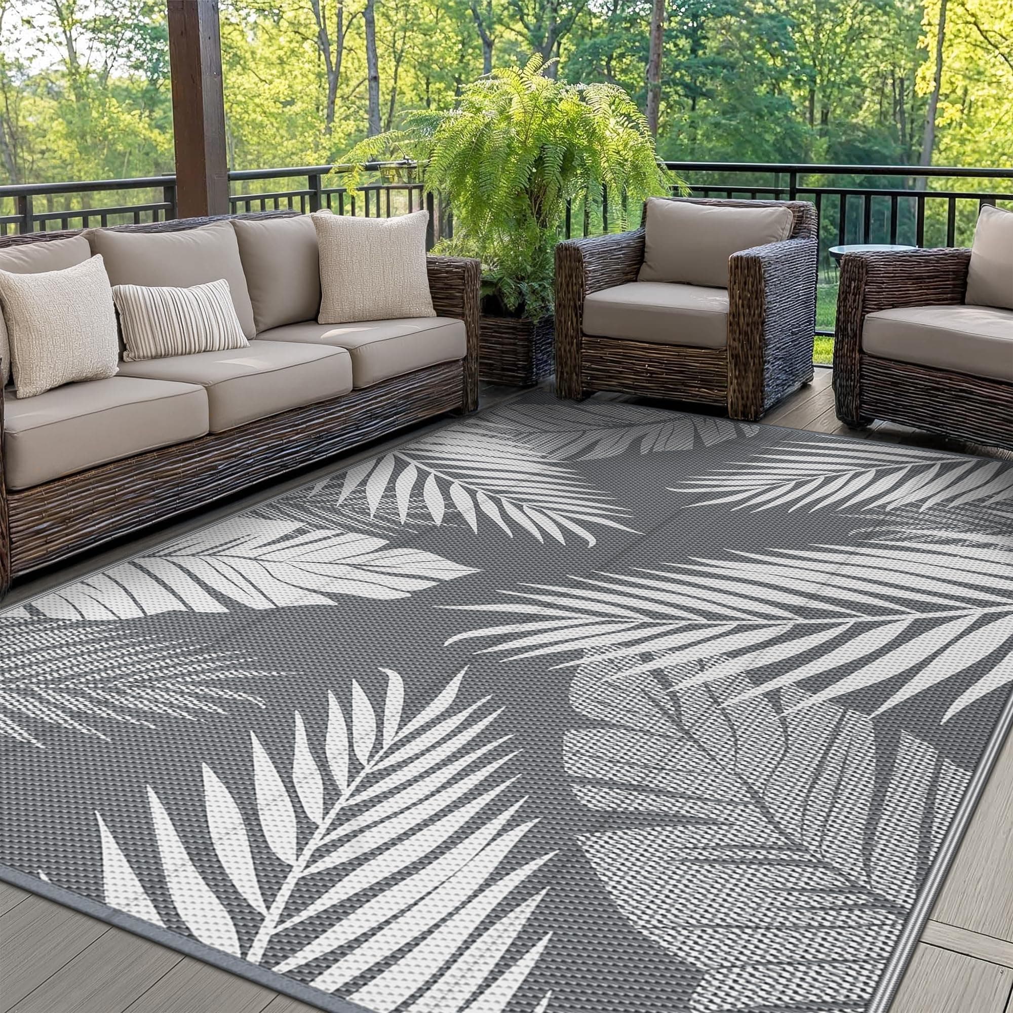 GENIMO Tapis Exterieur Resistant Pluie,Reversible Recyclable Résistant aux UV Tapis Extérieur Terrasse, Tapis Plastique Exterieur pour Balcon, Jardin, Camping, Barbecue, 180x275cm, Gris & Blanc