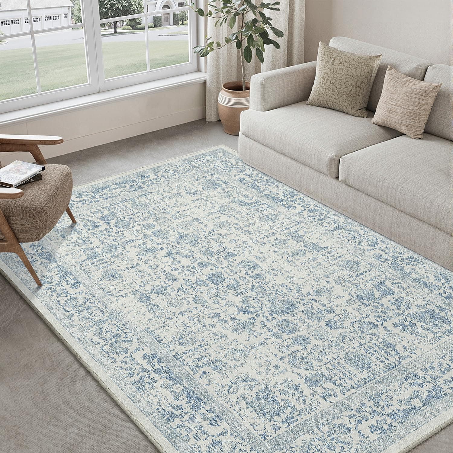 HUGEAR Bleu Tapis De Salon Lavable en Machine Tapis Chambre Adulte Grand Tapis Salon 150x210cm Doux Vintage Descente de Lit AntidéRapant Decoration Chambrel Manger