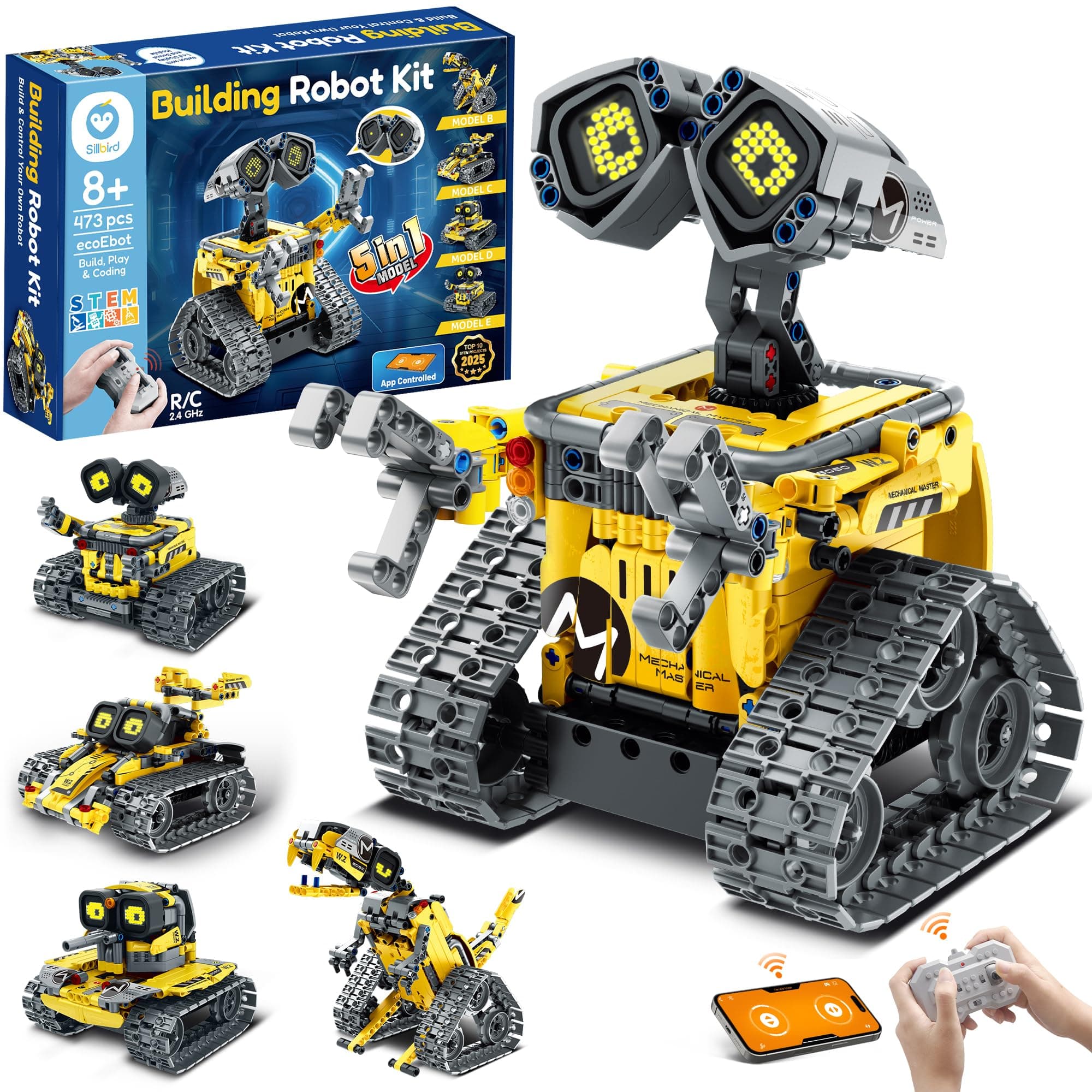 Sillbird Technic Robots para niños de 8 a 12 años, 5 en 1 Juego de Construcción de Robots Programable con App y Mando a Distancia, Regalo Ideal para Cumpleaños y Navidad (473 Piezas)