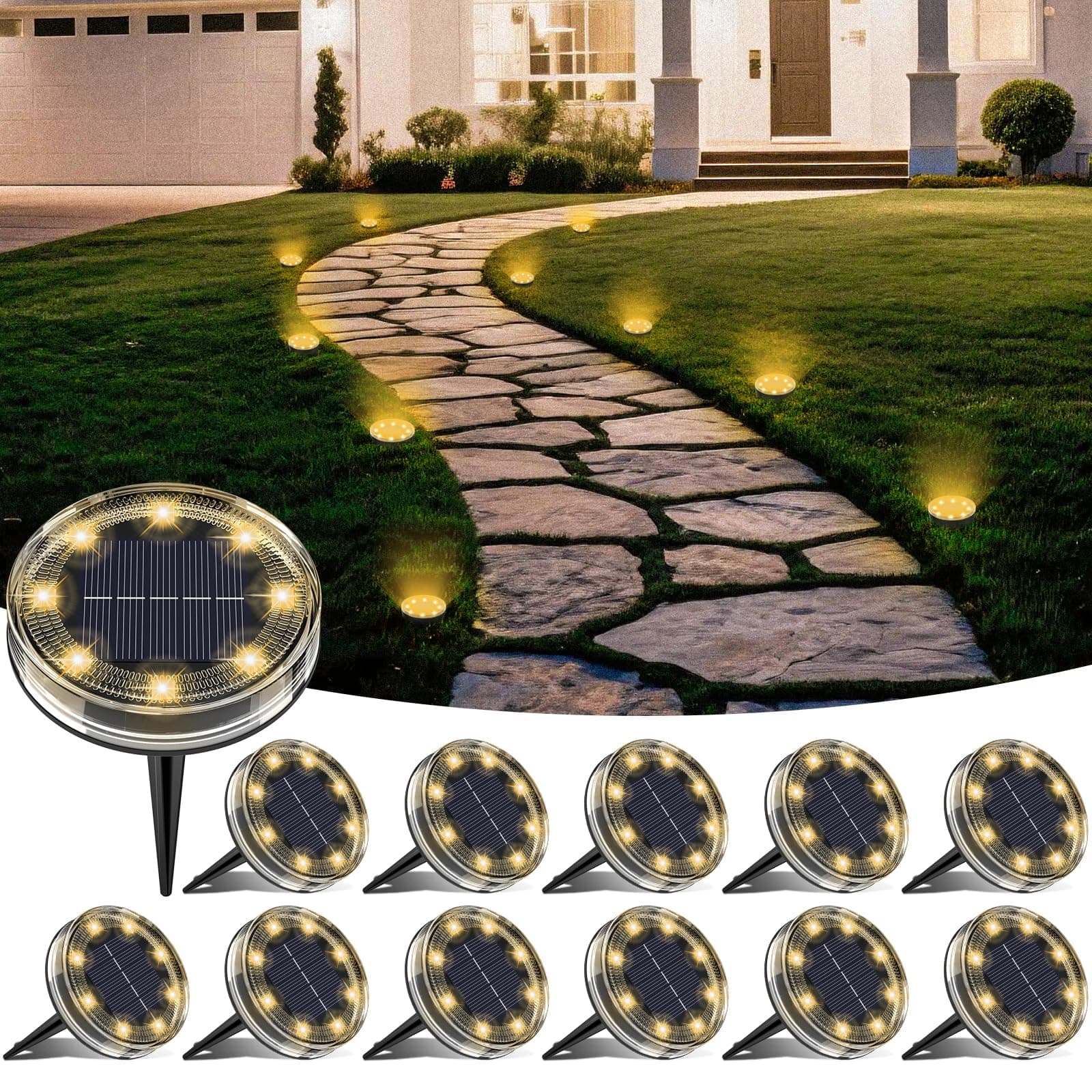 LOTMOS 12 Pezzi Luci Solari da Giardino Sepolta, 8 LED Faretti Solari a Led da Esterno IP68 Impermeabile, Lampade Luce Solare da Terra Decorazione per Prato Cortile Vialetto Paesaggio, Bianco Caldo