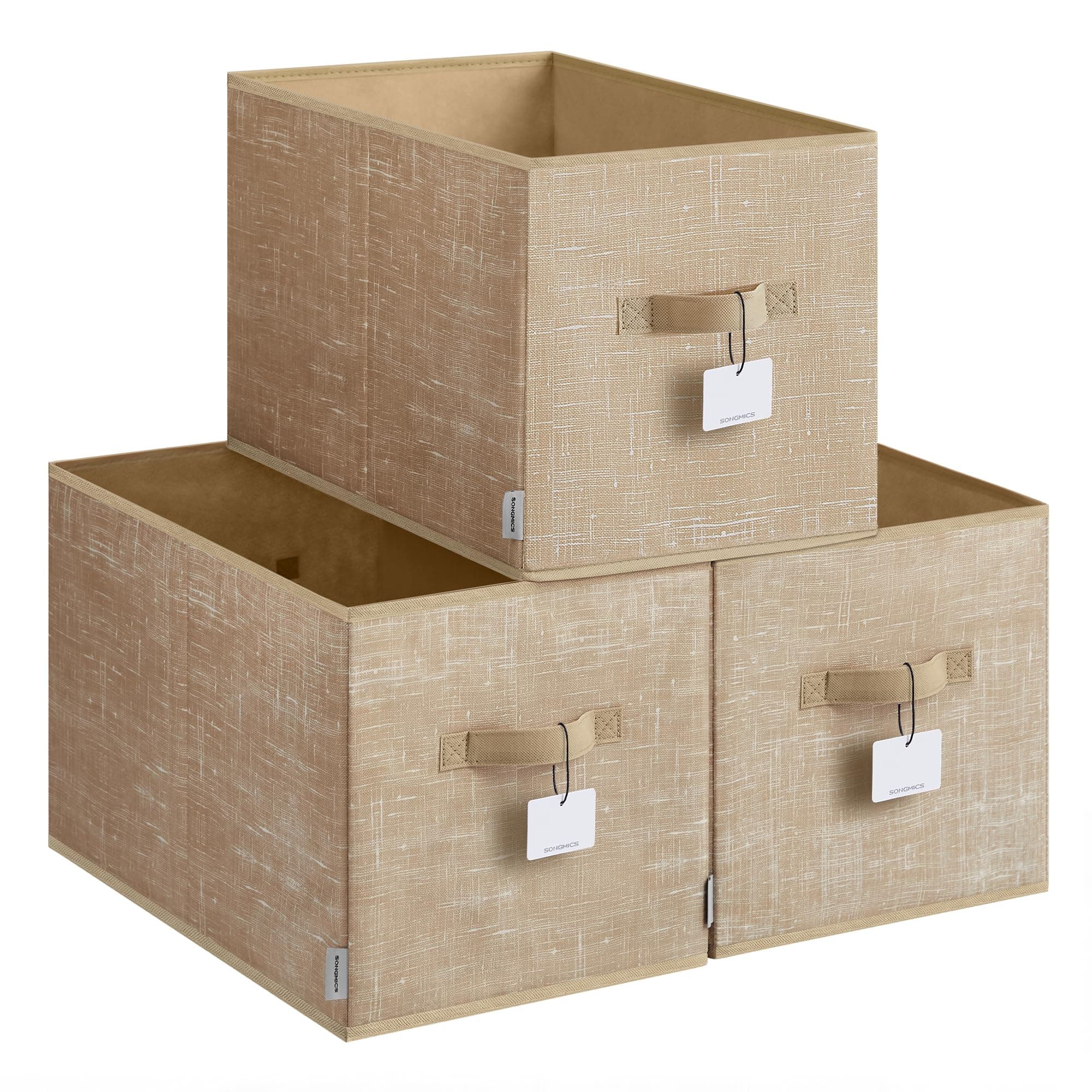 SONGMICS Aufbewahrungsbox 3er Set, zusammenklappbar, Stoffboxen aufbewahren, 50 x 30 x 30 cm, für Kleiderschrank, 2 Griffe, Etikette, für Schlafzimmer Wohnzimmer, sandbeige ROB450K01
