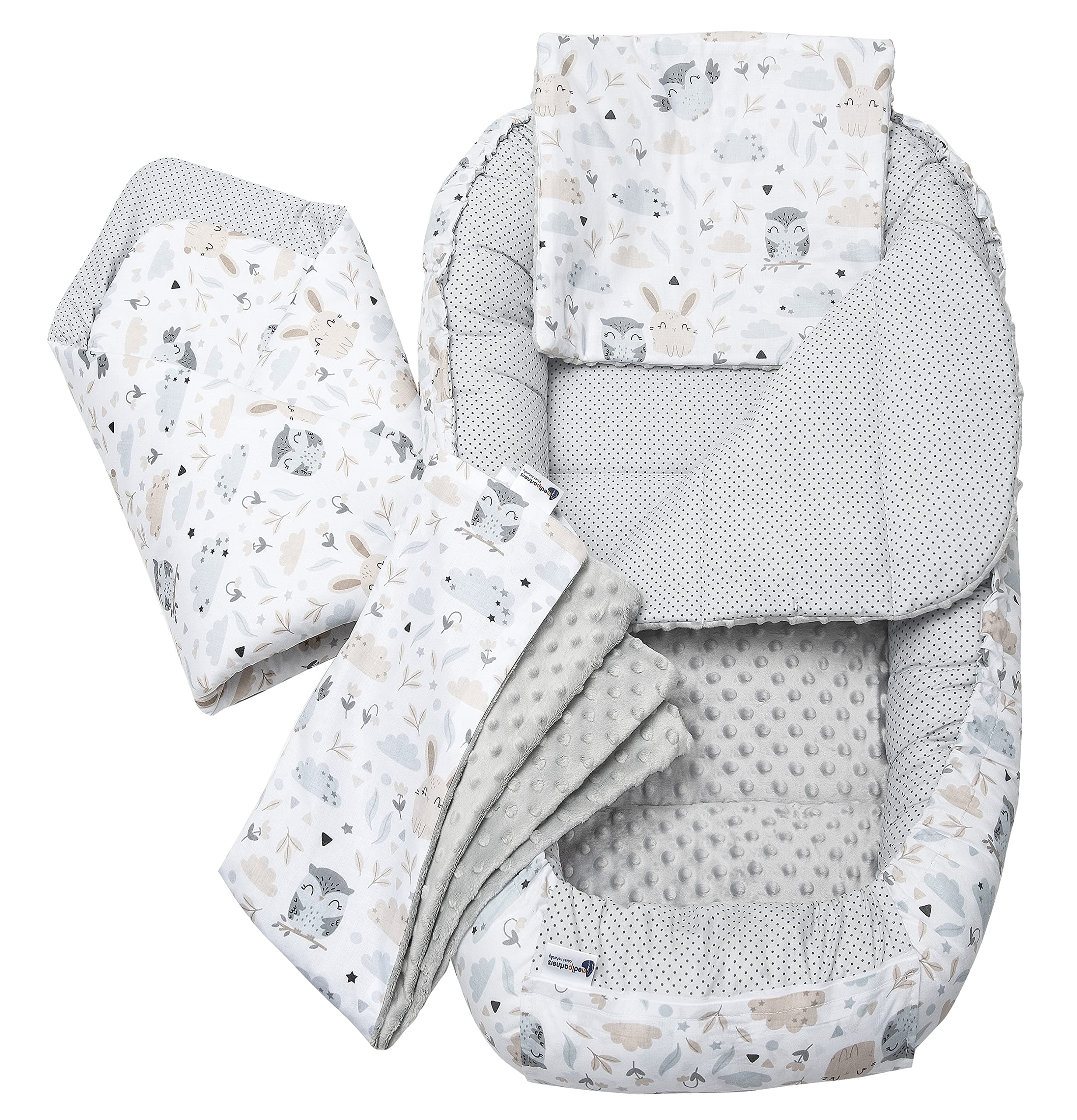 Medi Partners Riduttore Lettino Neonato - 100x60x15 Nido Antisoffoco Neonati 5-Parti Bozzolo Culla per Bebè neonata bilaterale Cuscino 100% Cotone (Radura con grigio Minky)