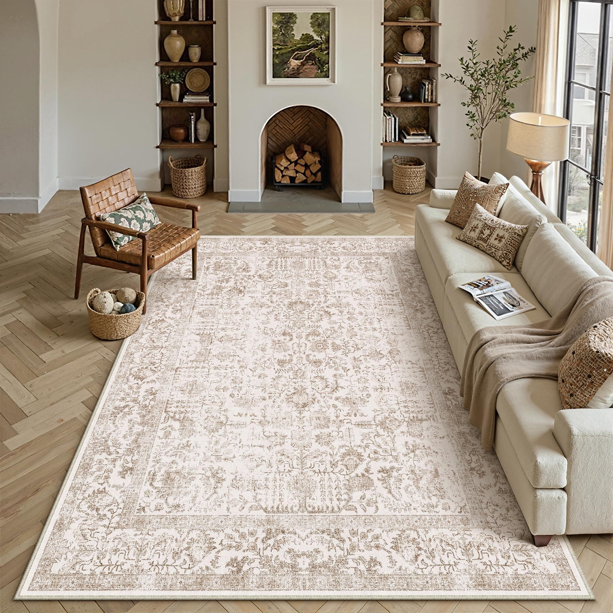 HUGEAR Vintage Alfombra Salon 200x300cm Marrón Antideslizante Alfombras Lavables en Lavadora Tapetes para Sala Habitacion Dormitorio Comedor Grande Tapete Pelo Corto tapete Quarto