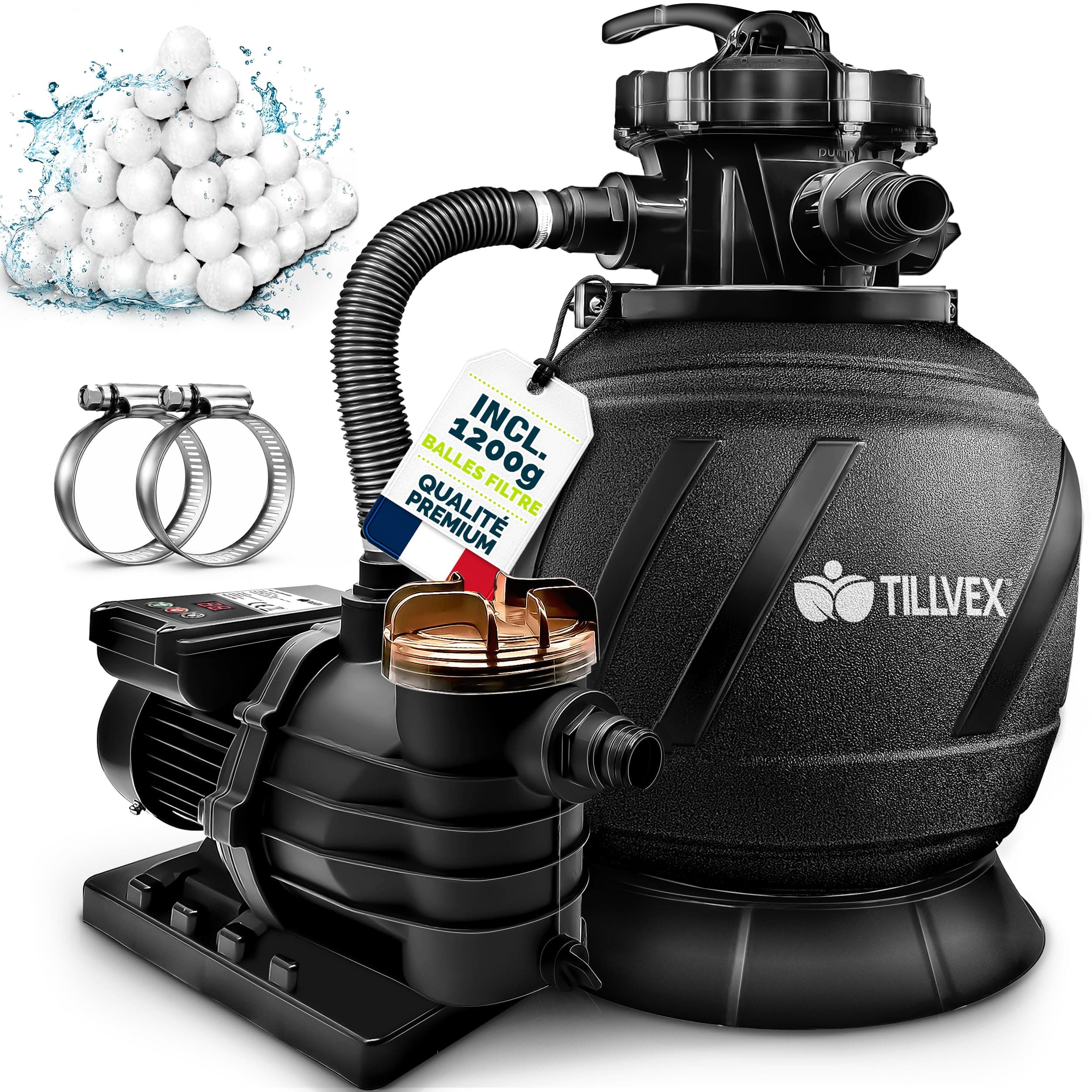 tillvex® Système de Filtre à Sable 13 200L/h jusqu'à 40 000L + 1200g Boules Filtre | 7 Fonctions & Adaptateur 2en1 Ø32-38mm | Filtre piscine & indicateur de pression (AquaBlack, Avec minuterie)