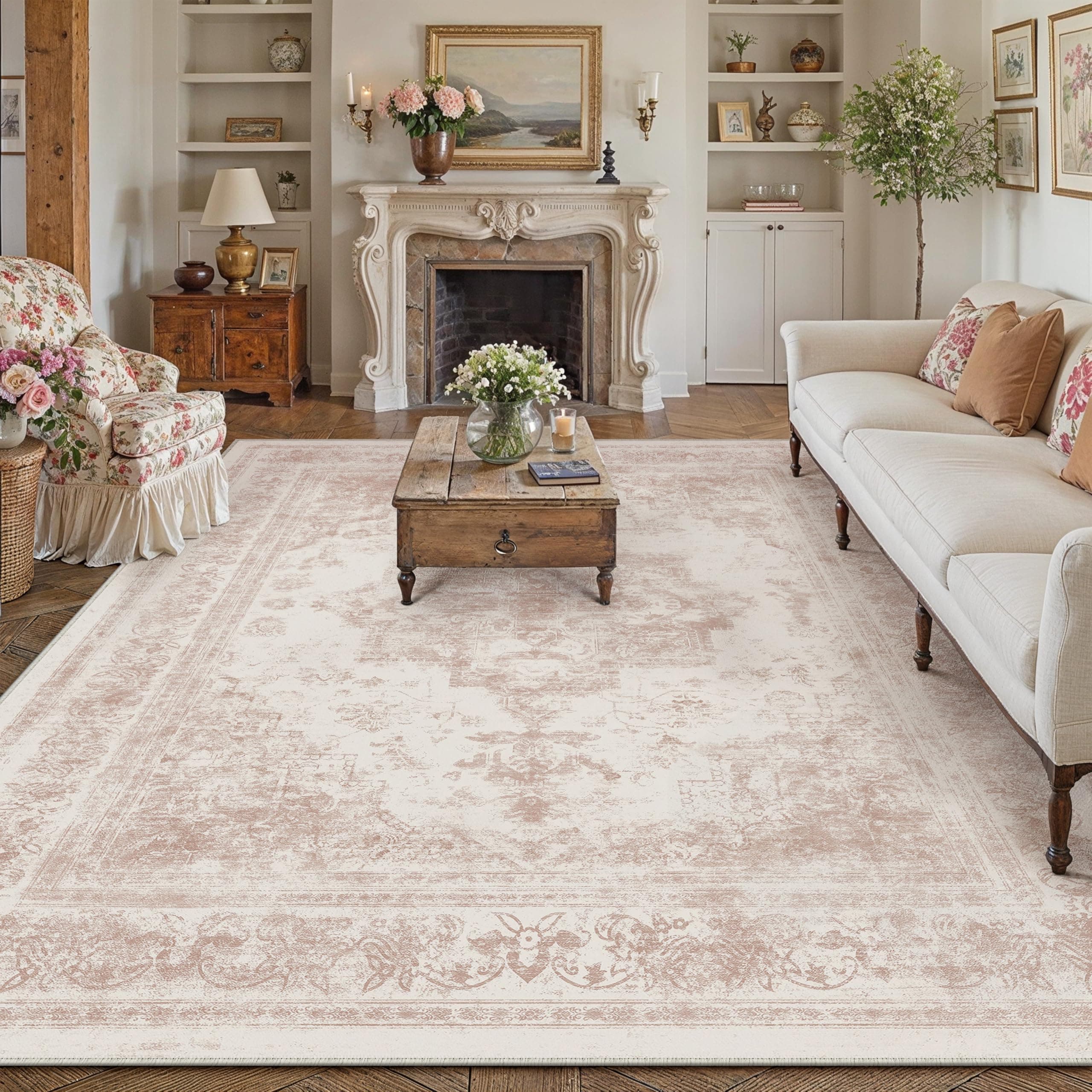 HUGEAR Vintage Alfombra Salon 240x300cm Rosa Antideslizante Alfombras Lavables en Lavadora Tapetes para Sala Habitacion Dormitorio Comedor Grande Tapete Pelo Corto tapete Quarto
