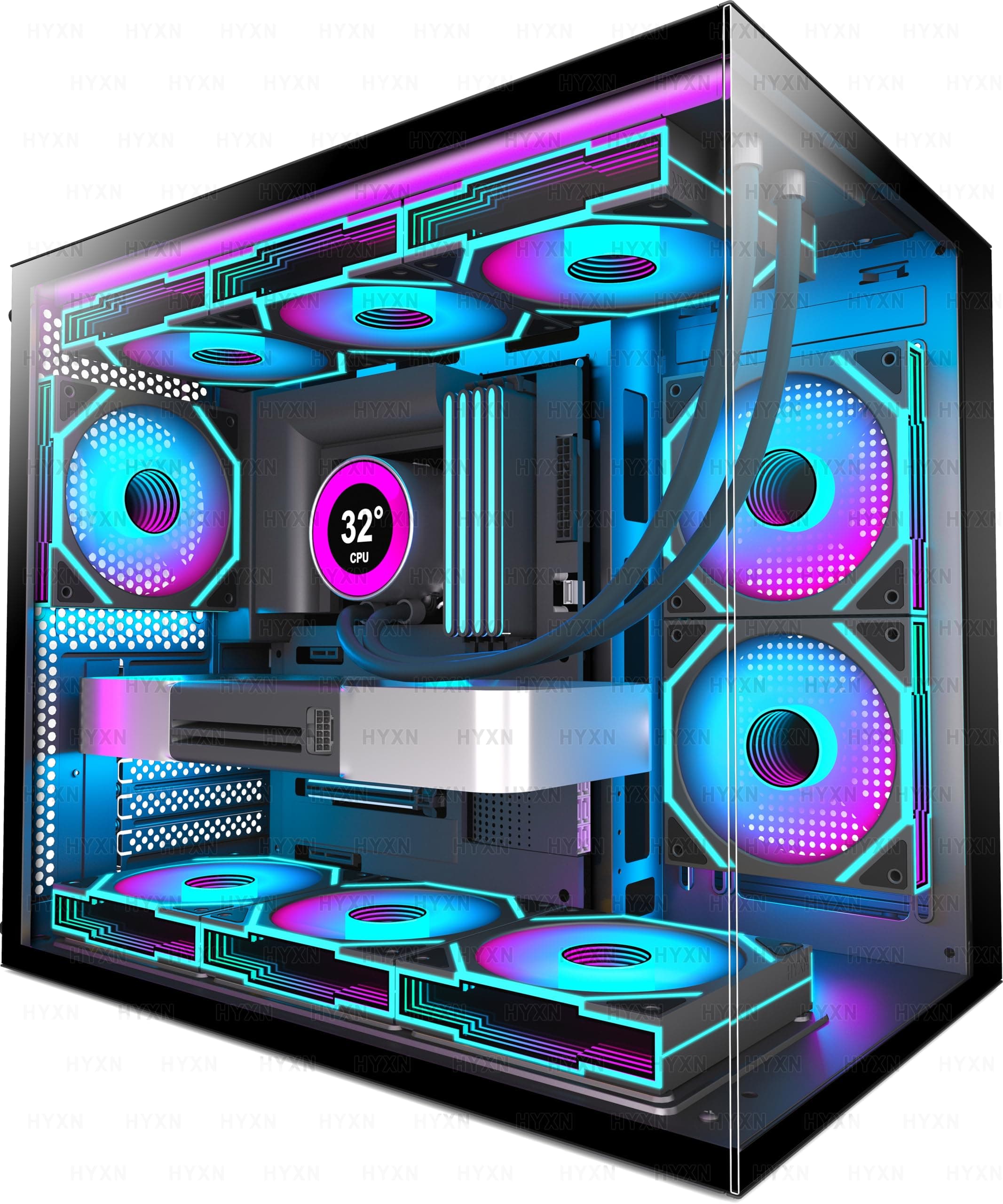 HYXN H3 Boitier PC ATX– Préinstallé 6 Ventilateurs PWM ARGB Miroir Infini, Supporter radiateur 360 mm,Boîtier PC ATX à Double Chambre Mid Tower, avec Type -C 3.2 (Noir, H3)