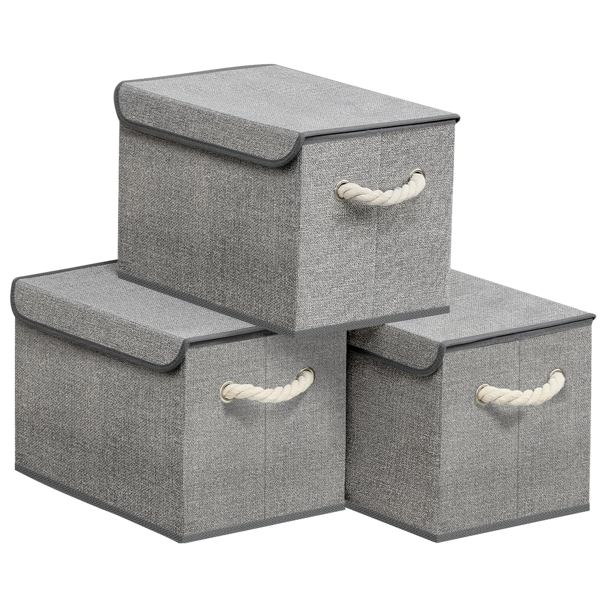 SONGMICS Aufbewahrungsbox mit Deckel, 3er Set, klappbar, Stoffboxen, Aufbewahrung, Organizer, für Kleiderschrank, Griffe, für Schlafzimmer, Wohnzimmer, 38 x 25 x 25 cm, taubengrau RFB013G02