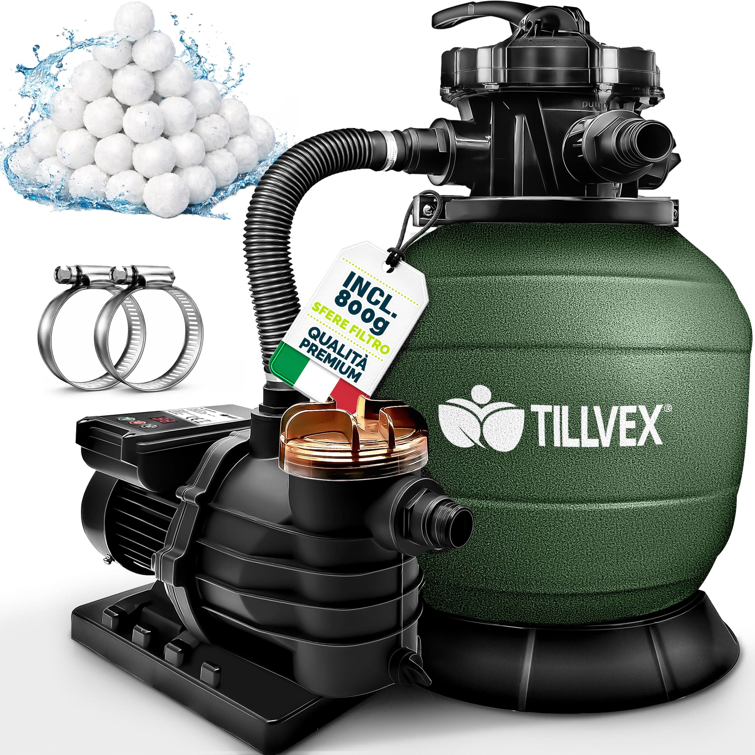tillvex Pompa Filtro Piscina Portata 10m³/h + 800g Filtro Balls | 7 funzioni | Filtro Piscina con indicatore Pressione | Impianto filtrazione Sabbia per Piscine e vasche (Verde con Timer)