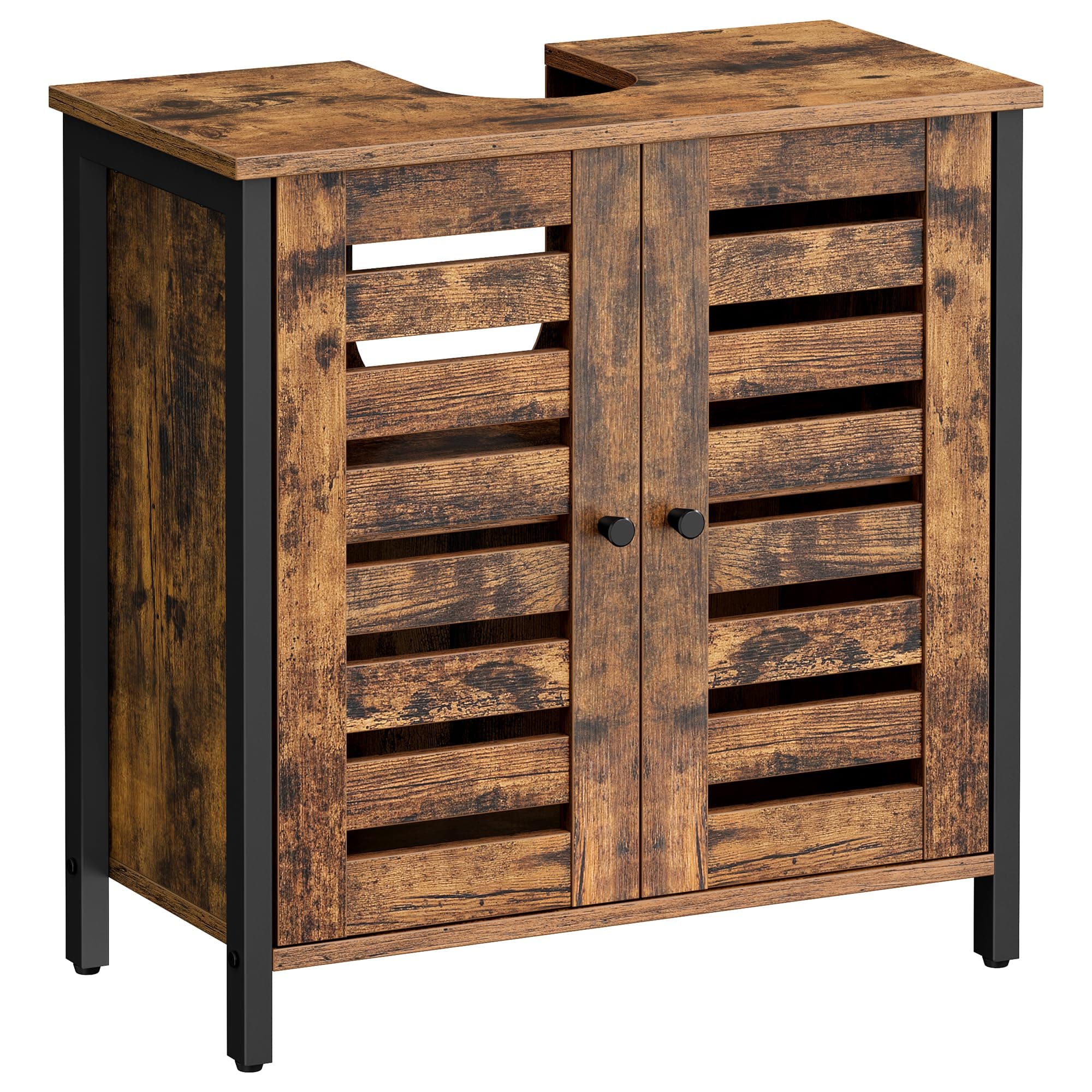VASAGLE Waschbeckenunterschrank, Badezimmerschrank, Aufbewahrungsschrank, 30 x 60 x 60 cm, mit 2 Lamellentüren, verstellbare Regalebene, mit Griffen, vintagebraun-schwarz BBC902B01