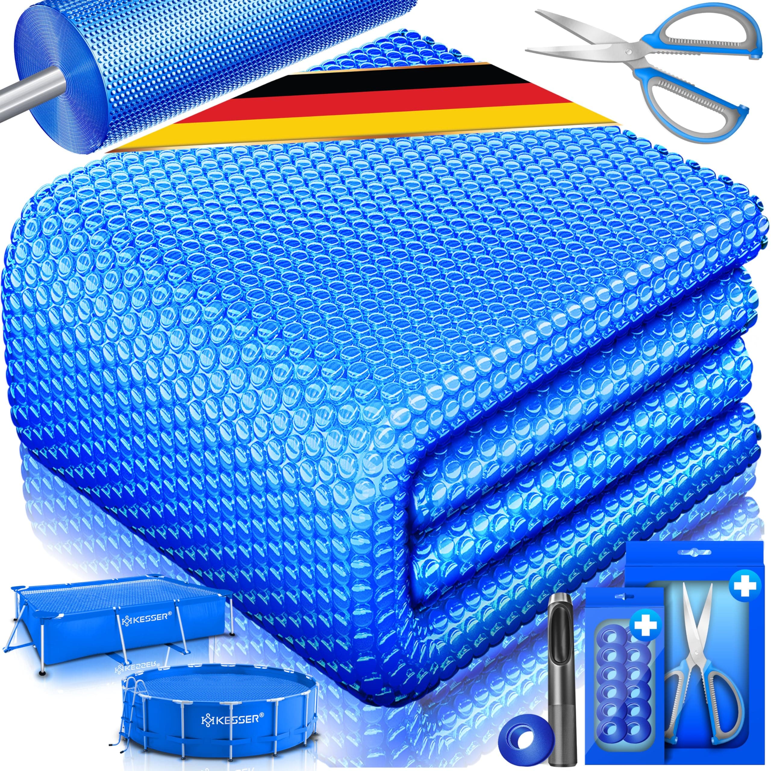 KESSER® Pool Solarfolie 400 µm | Solarplane Rechteckig 700x400cm Poolabdeckung | Solarabdeckplane flexibel zuschneidbar | Poolplane für Wassererwärmung | Solarabdeckung mit Schere, Lochzange & 12 Ösen