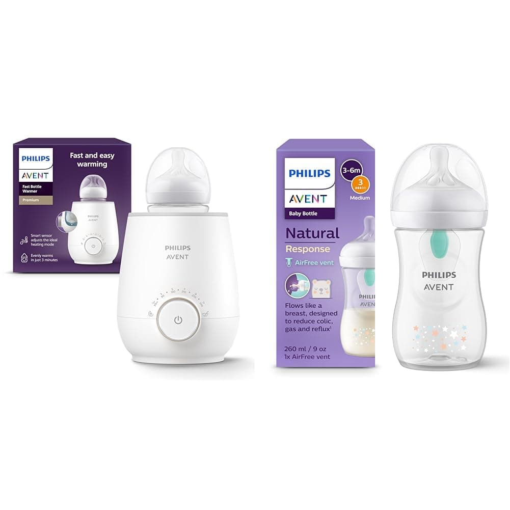 Set aus AVENT Schneller Premium-Fläschchenwärmer Modell SCF358/00 + Philips AVENT Babyflaschen Natural Response – Babyflaschen mit AirFree Ventil, 260 ml, BPA-frei (Modell SCY673/82)