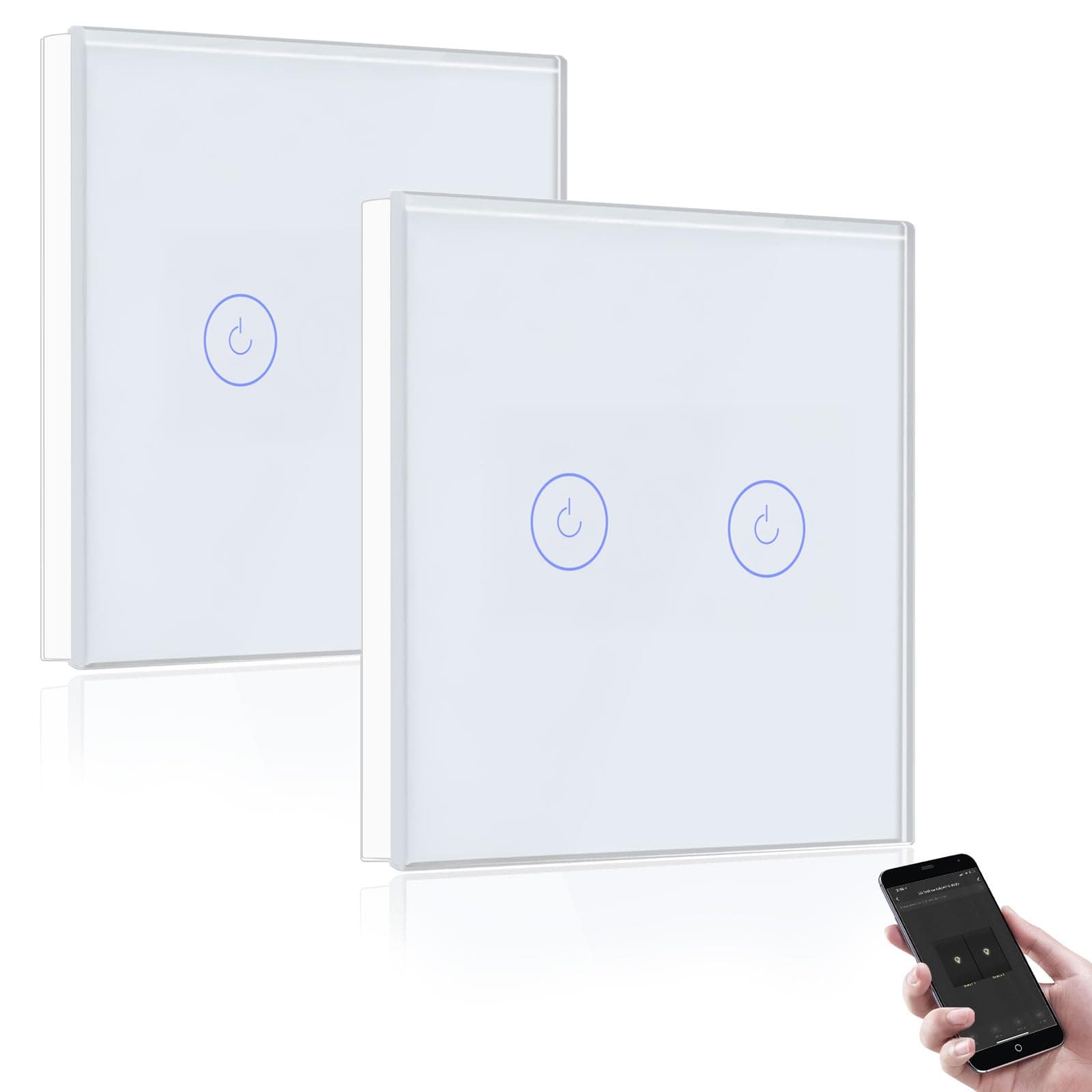 BSEED Interruptor de Pared WiFi,Interruptor Smart 2 Gang 2 Vías con Pantalla Táctil Blanco,Compatible con Alexa y Google Home, Control de APP y Función de Temporizador-2 Paquete【Se necesita Neutro】